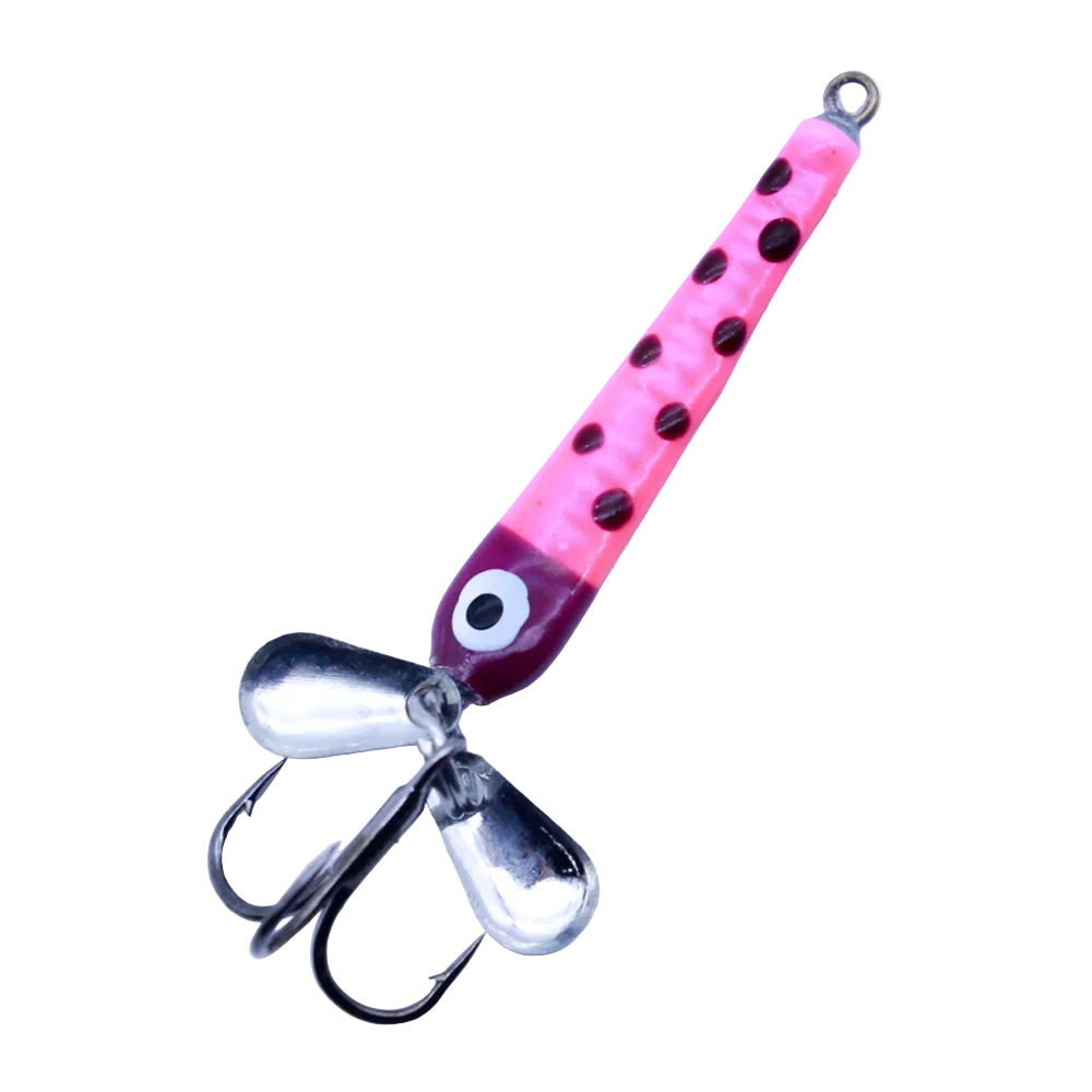 Widow Maker Slab Seeker Tungsten Spoon fishing lure with a pink body featuring black spots, an eye detail near the hook, and two silver spinner blades attached to treble hooks for attracting fish.