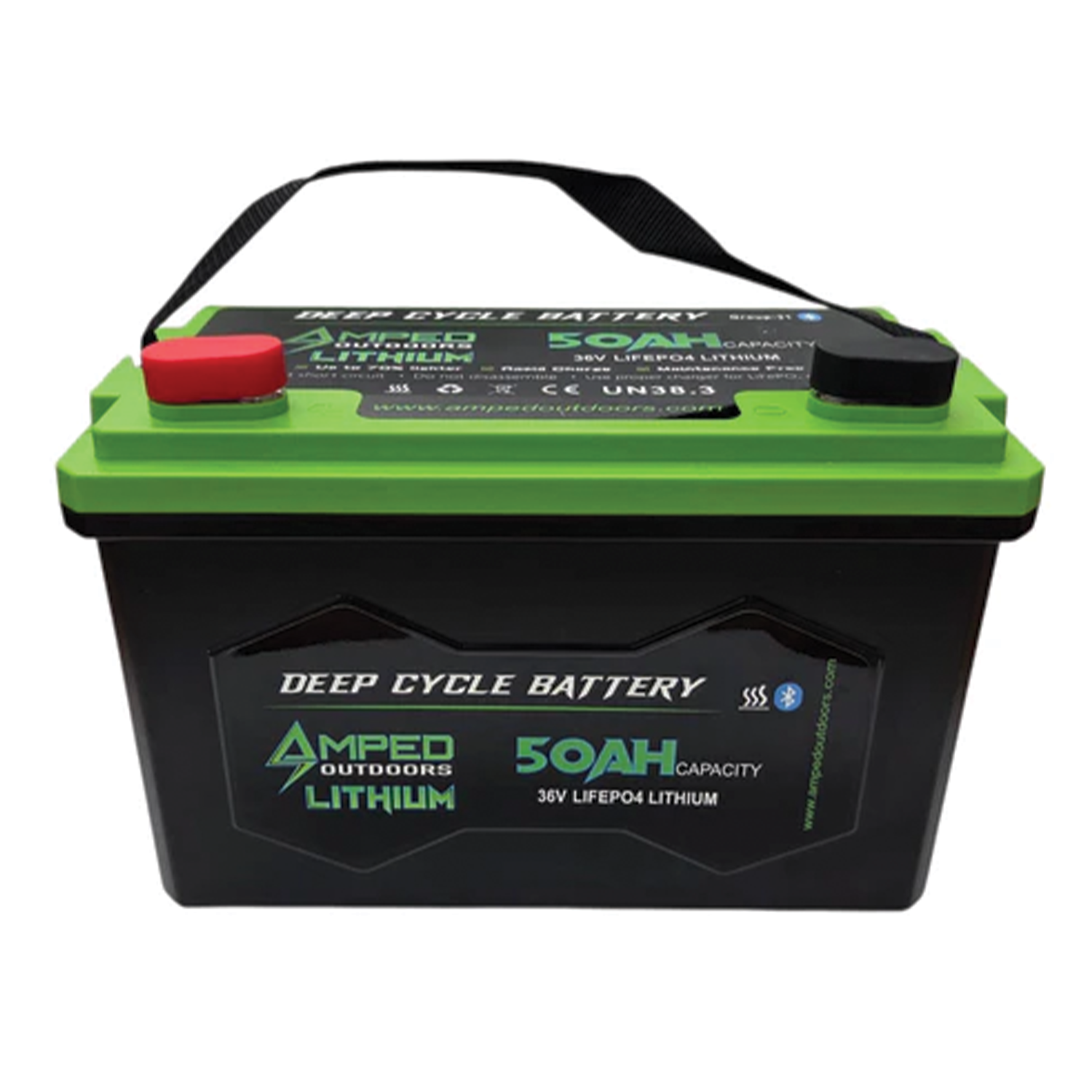 Amped Outdoors (LiFePO4) 36V Lithium Batteries deep cycle battery with 50AH capacity, green and black casing, red and black terminals, designed for fishing tackle and marine electronics.