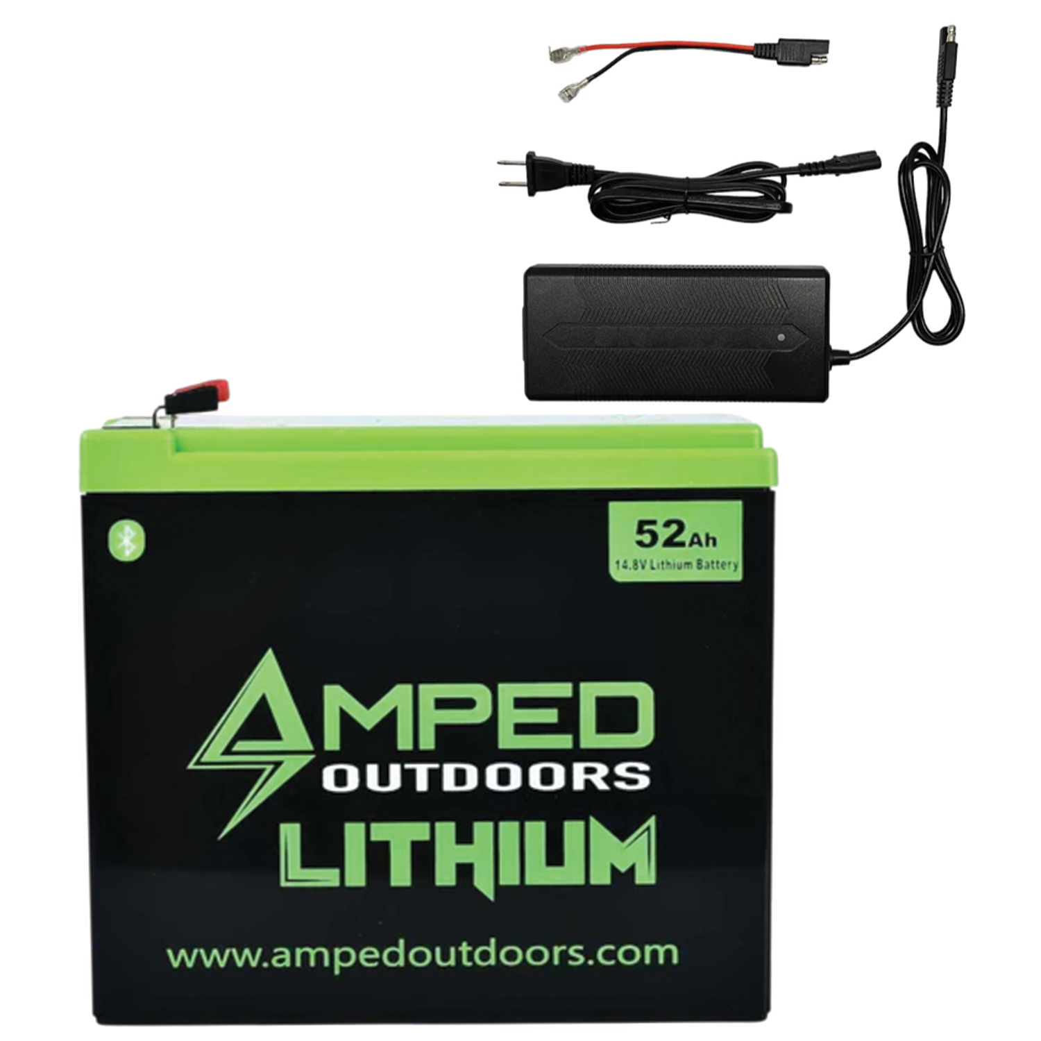 Amped Outdoors (LiFePO4) Lithium Batteries - Battery w/Charger shown with a green and black 52Ah 14.8V lithium battery and included charging cables and power adapter for outdoor and fishing equipment.