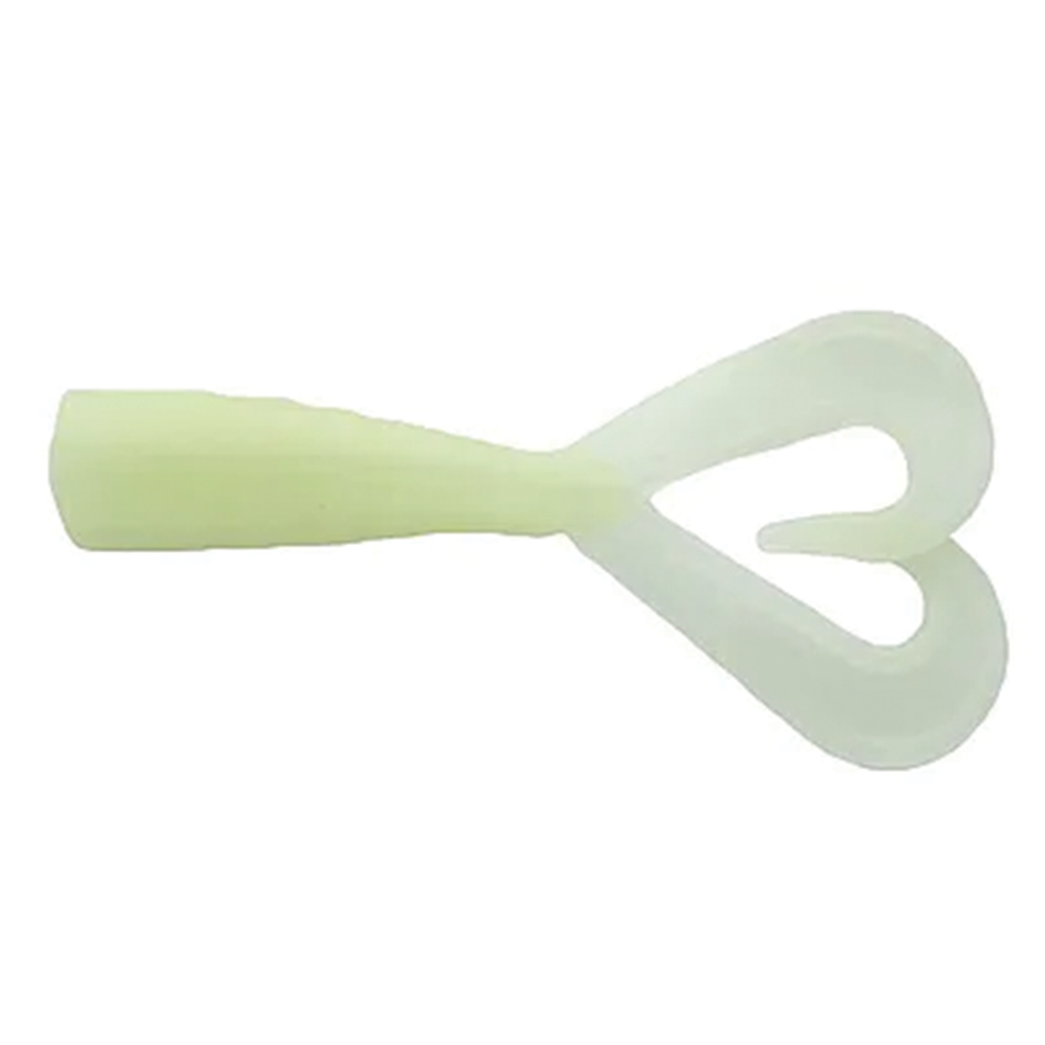 Mutiny Baits Assassin Shrimp Tail fishing lure in a pale, translucent color with a segmented, curled twin-tail design for enhanced water movement and attraction.