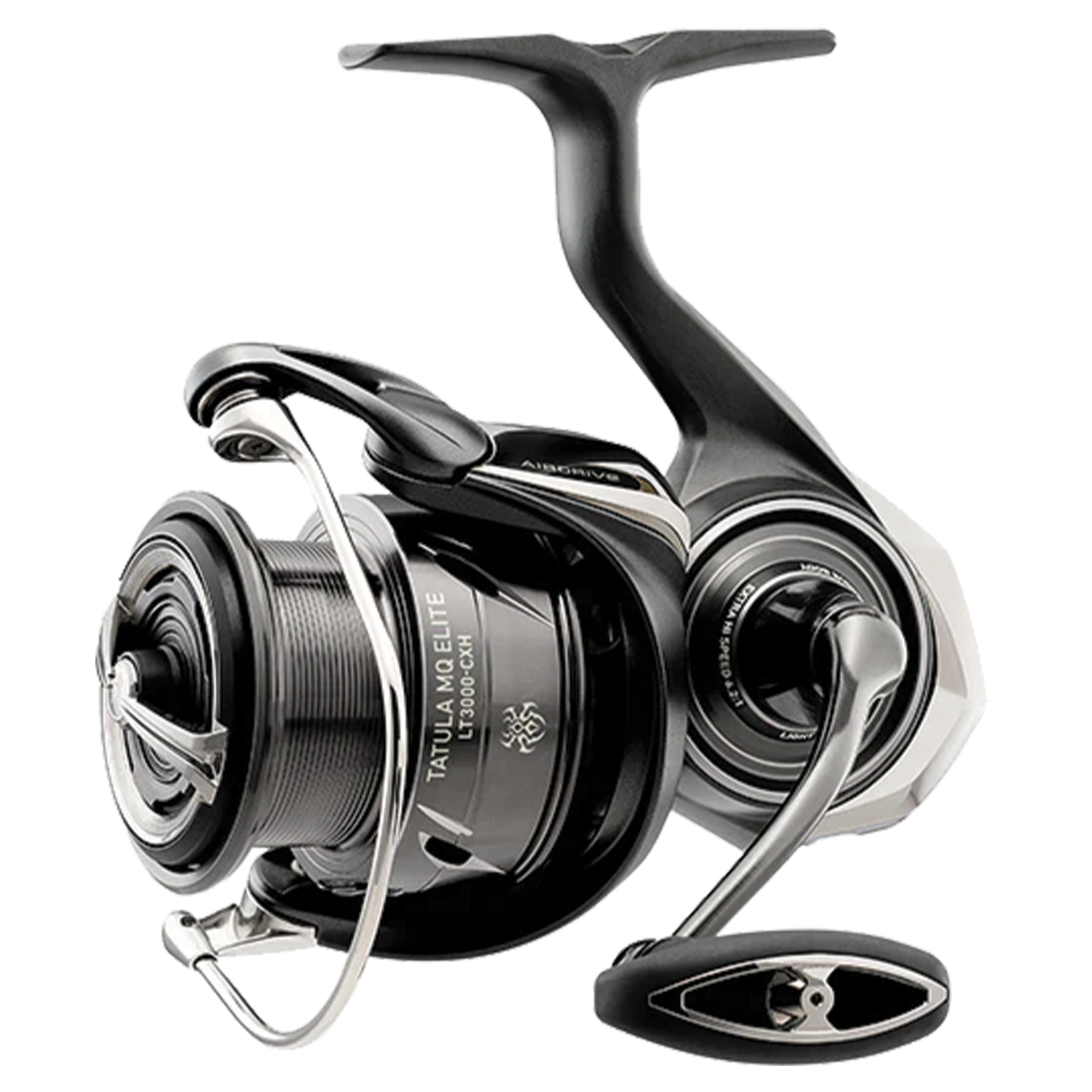 Daiwa Tatula MQ Elite spinning reel in black and silver with ergonomic handle, designed for smooth performance in fishing tackle and rods.