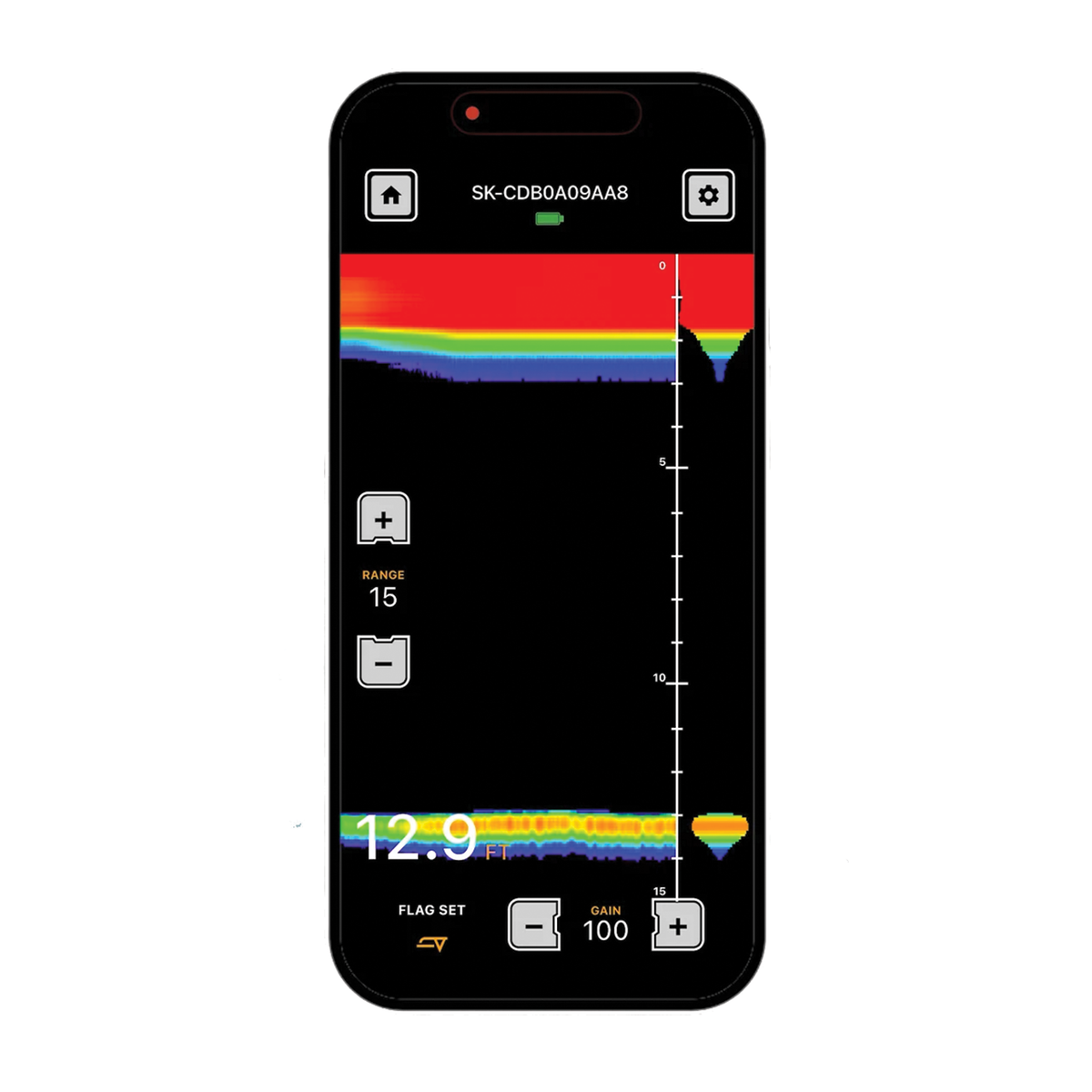 Display screen of Vexilar Sidekick Wi-Fi Sonar (12° Ice-Ducer & Float) showing sonar readings in color with depth measurements and control icons for marine electronics and fishing tackle use.