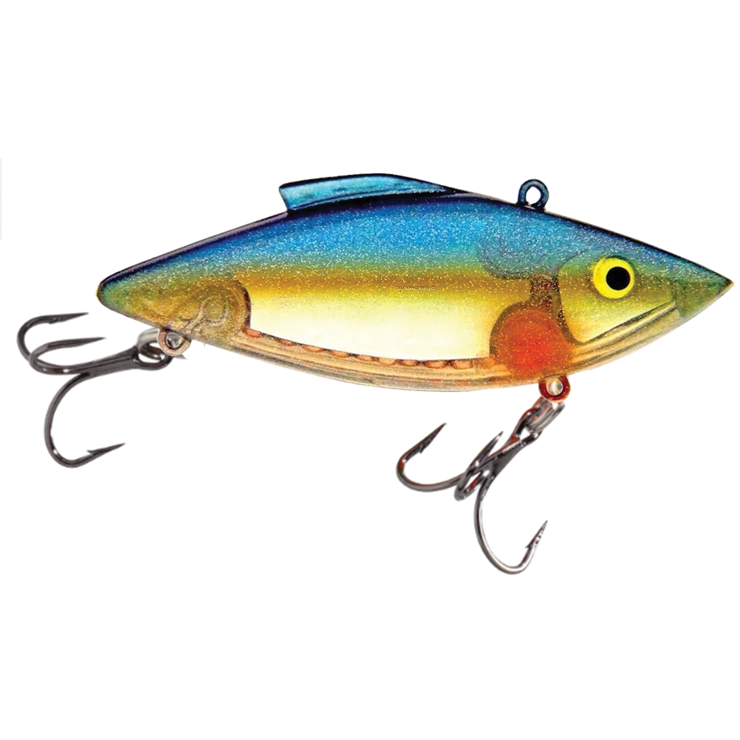 Bill Lewis Rat-L-Trap - Super Trap fishing lure with a shiny blue, green, and yellow finish, featuring two treble hooks and designed for effective fishing tackle use.