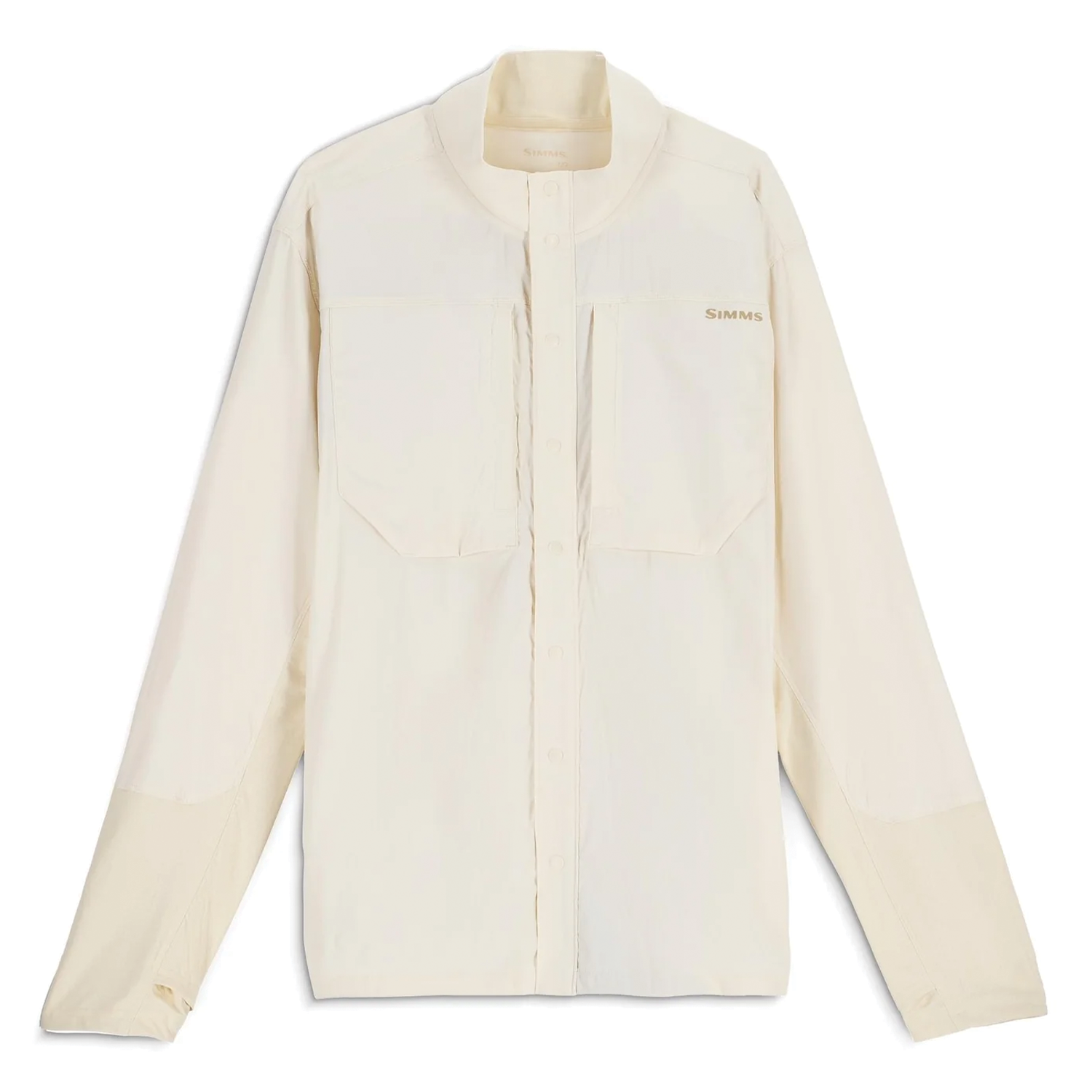 Simms Latitude BiComp Shirt - Men's, cream-colored long-sleeve fishing shirt with button front, two chest pockets, and subtle brand embroidery designed for comfort and durability in outdoor fishing activities.