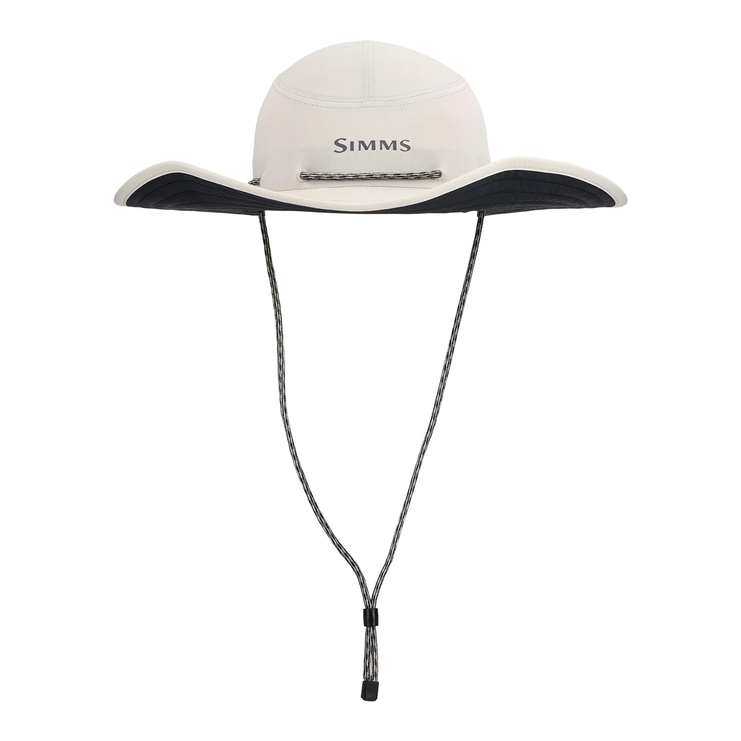 Simms Solar Sombrero in light gray with black underbrim, featuring a braided chin strap and logo embroidered on front, designed for sun protection during fishing.