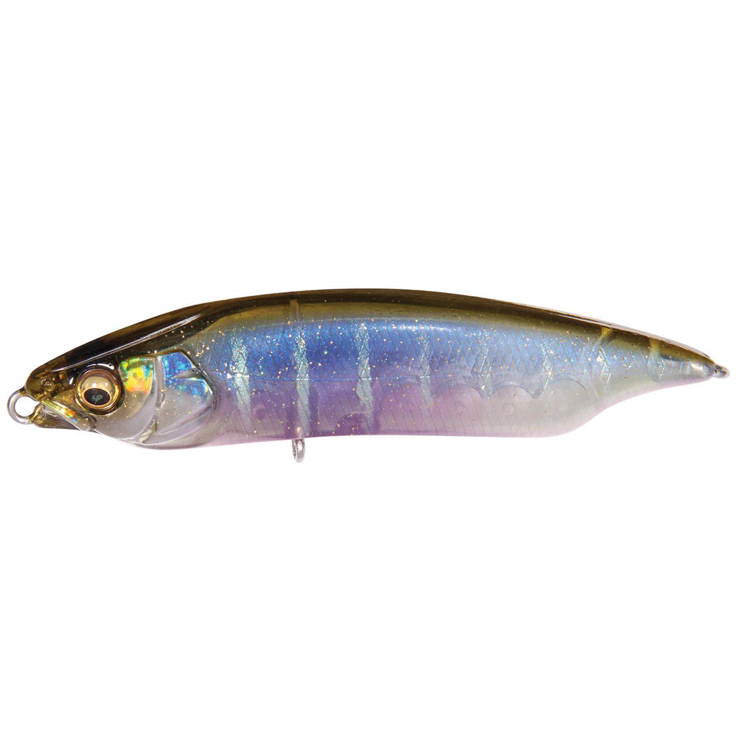 Megabass Karashi 80 fishing lure with a realistic blue and silver fish pattern, designed for effective fishing tackle use in freshwater environments.