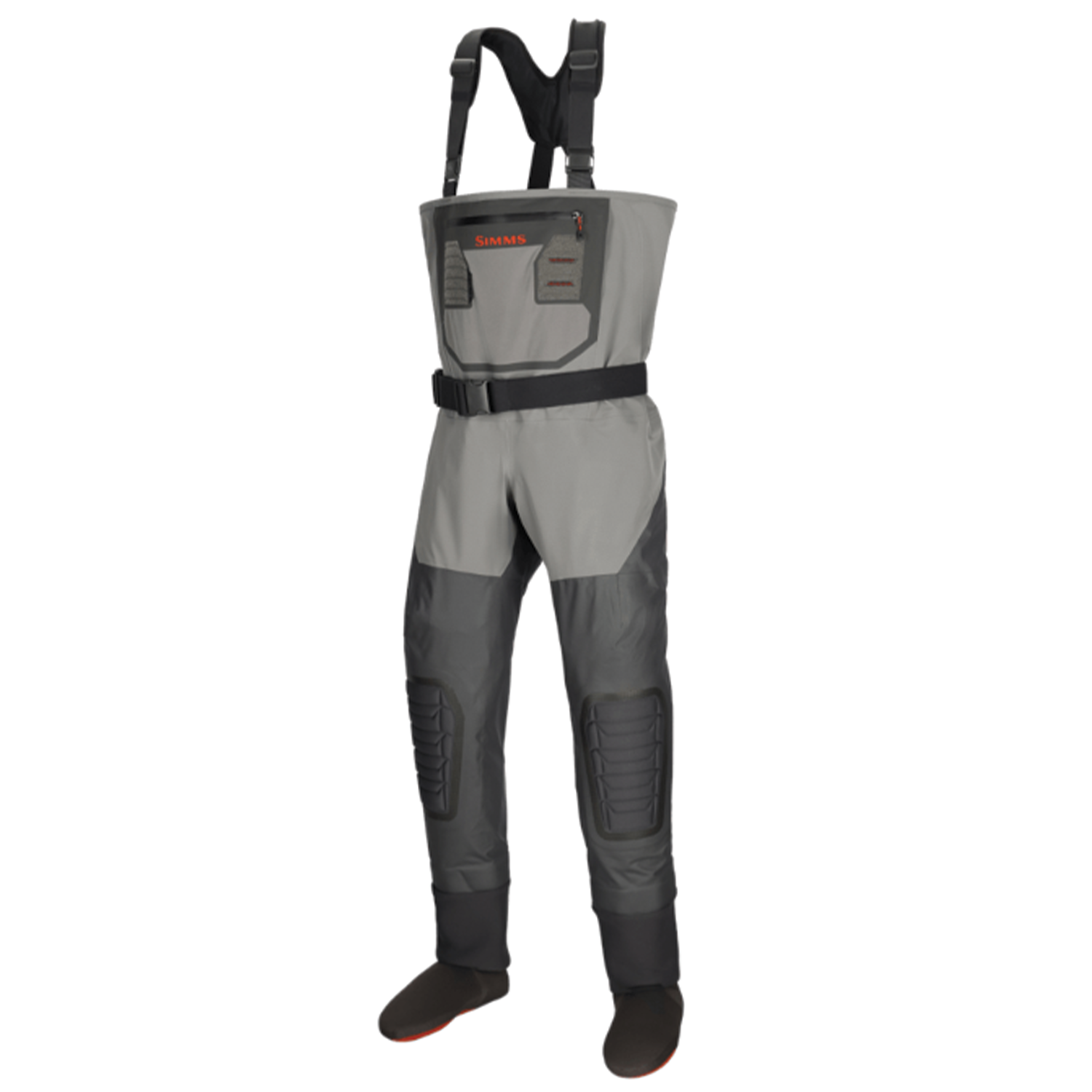 Simms Confluence Stockingfoot Waders - Men's in gray and dark gray with adjustable black shoulder straps, belt, front pocket, and reinforced knee padding designed for fishing activities.