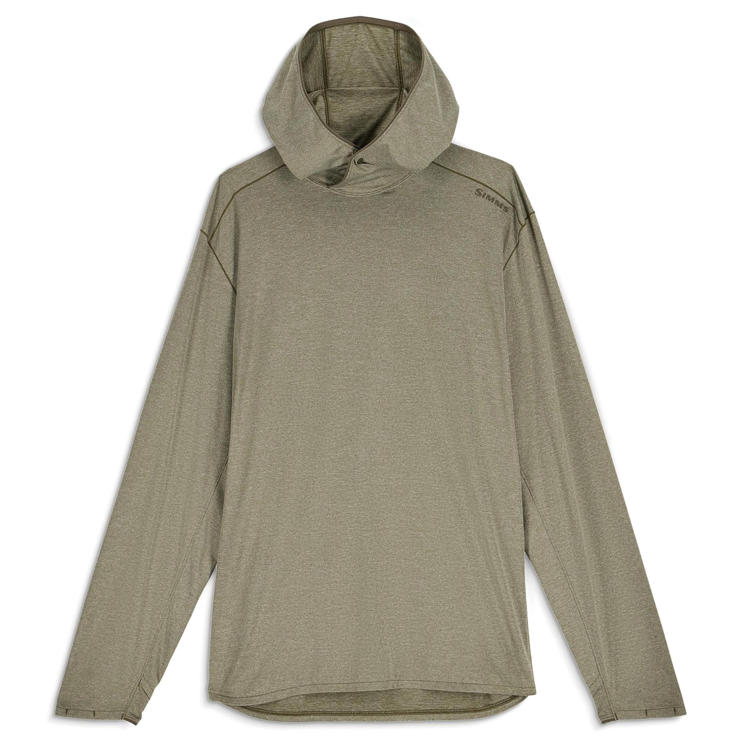 Simms BugStopper SolarFlex Hoody - Men's in muted olive green with long sleeves, thumbholes, and a lightweight hood, designed for sun protection during fishing and outdoor activities.