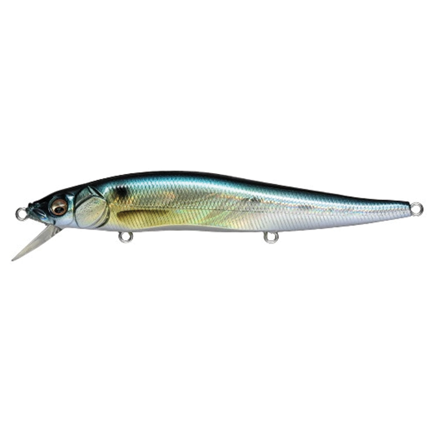 Megabass Vision 110 fishing lure with a detailed, lifelike fish design featuring blue, silver, and yellow tones, designed for effective fishing tackle use.