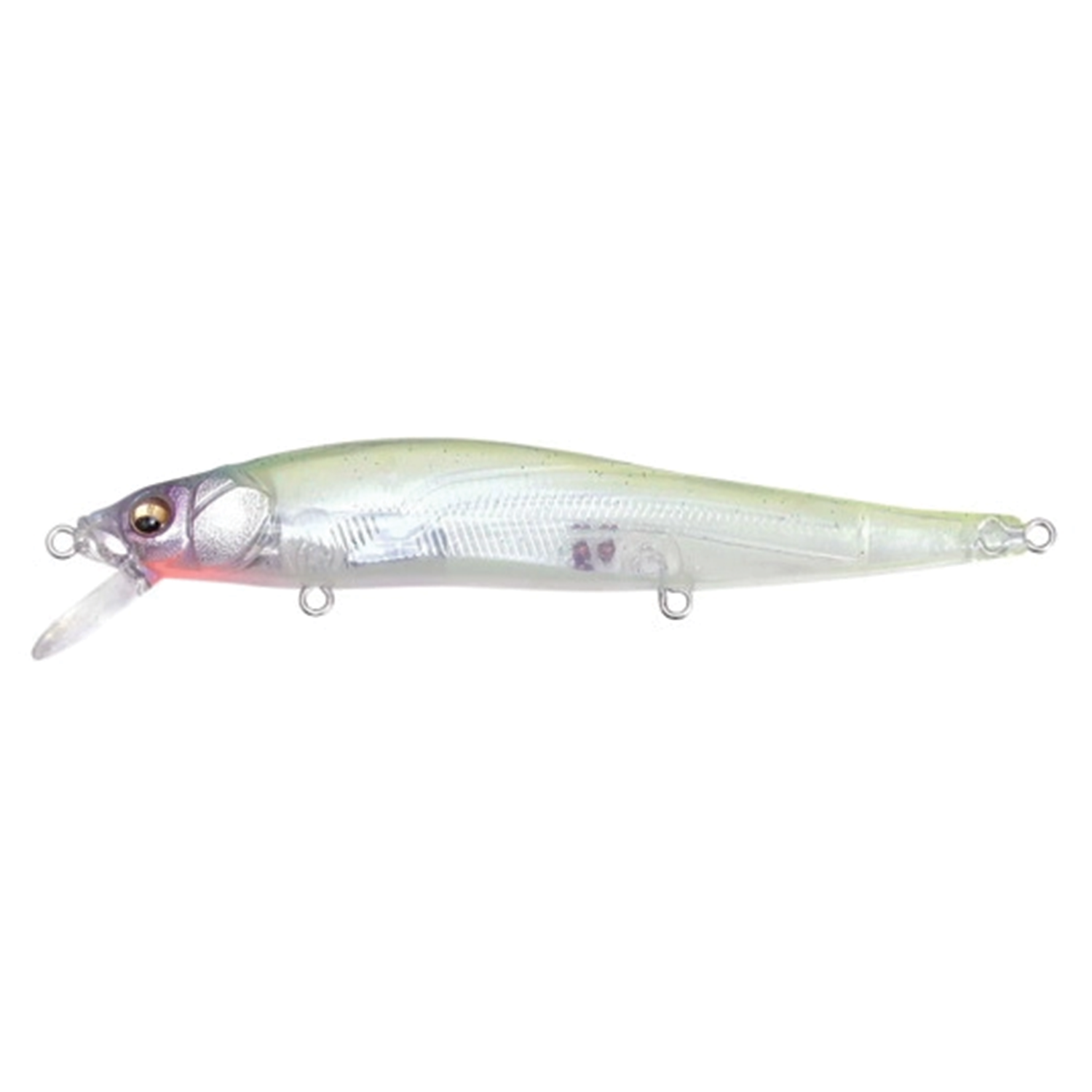 Megabass Vision 110 fishing lure with a translucent body featuring light green and silver hues, realistic eyes, and multiple attachment points for fishing tackle.