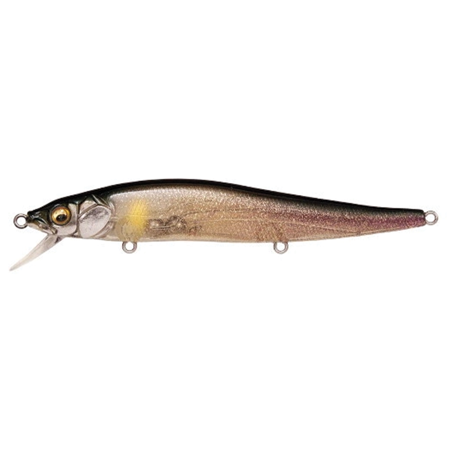Megabass Vision 110 hard fishing lure with realistic fish design in shades of gold, brown, and black, featuring a detailed eye and a small diving lip for targeting musky and other species.