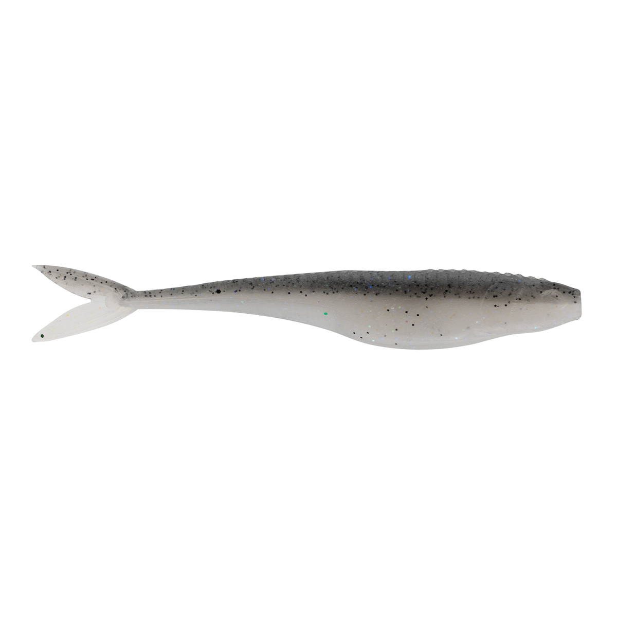 Z-Man Stuntman soft fishing lure with a slender body, paddle tail, and speckled gray and white coloration designed for lifelike movement in water.