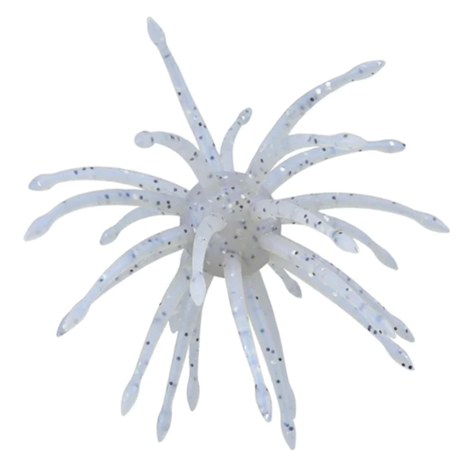 Yamamoto Uni Mas fishing lure in translucent white with black speckles, designed to mimic aquatic prey with multiple flexible tentacle-like appendages.