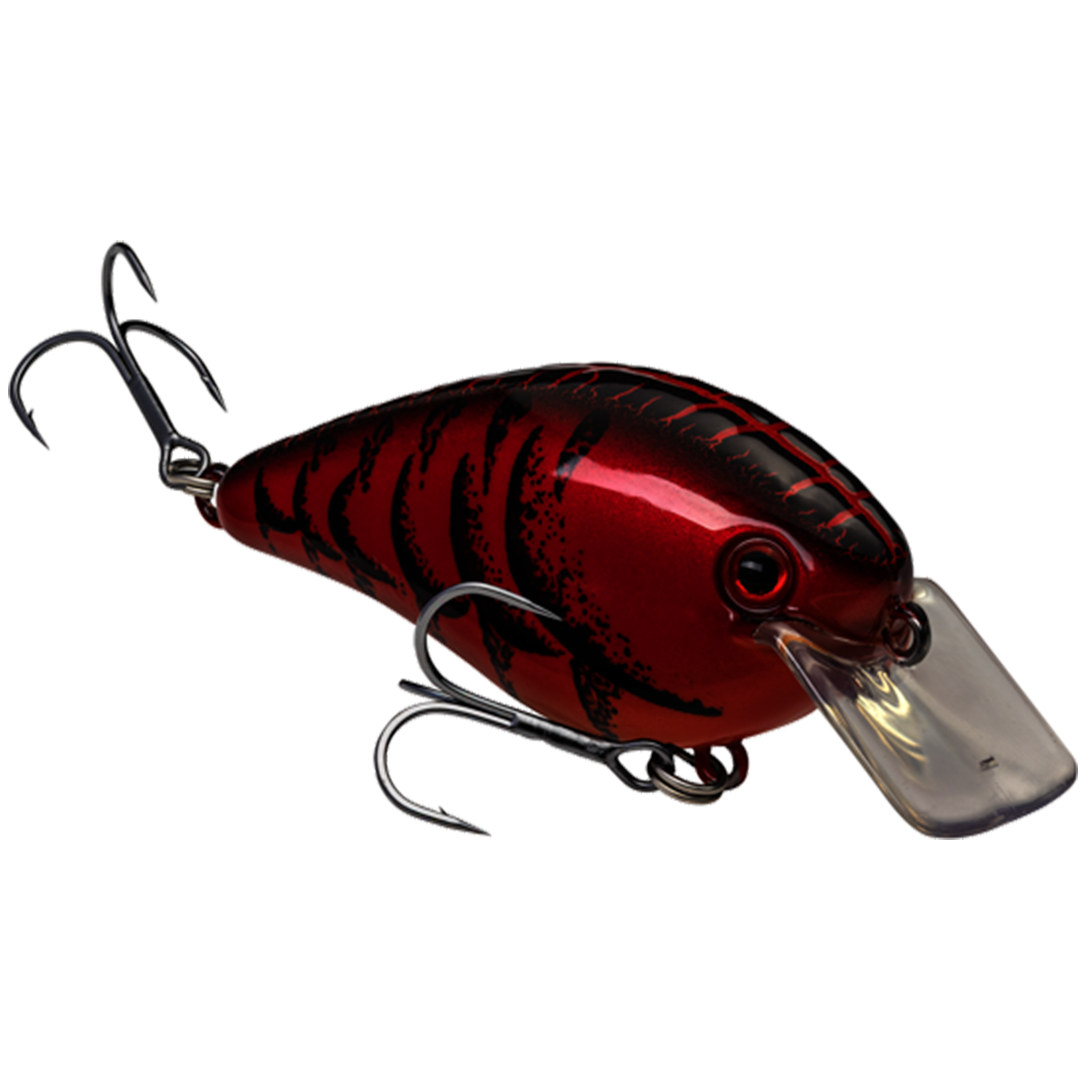 Strike King KVD Hard Knock fishing lure in metallic red with black tiger stripe pattern, featuring two sharp treble hooks and a clear diving lip for musky tackle.