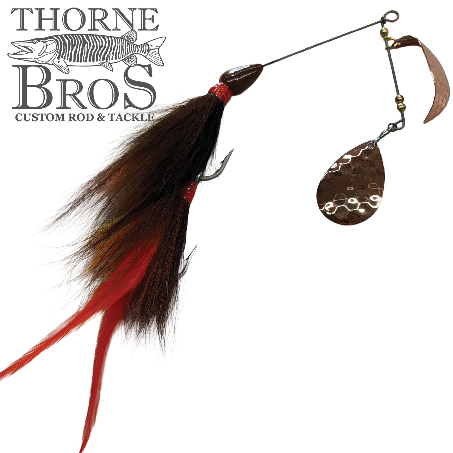 CJ'S Large Tandem Clicker fishing lure featuring a tandem spinner with hammered copper blades and black and red feathered skirt, designed for musky fishing tackle.