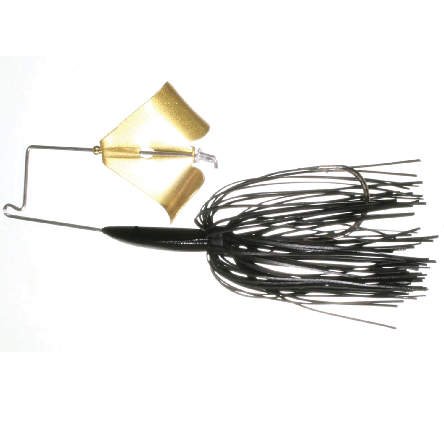 Boogerman Buzzbait fishing lure with a gold-colored spinner blade and a black skirted body, designed for musky fishing tackle and effective water movement.