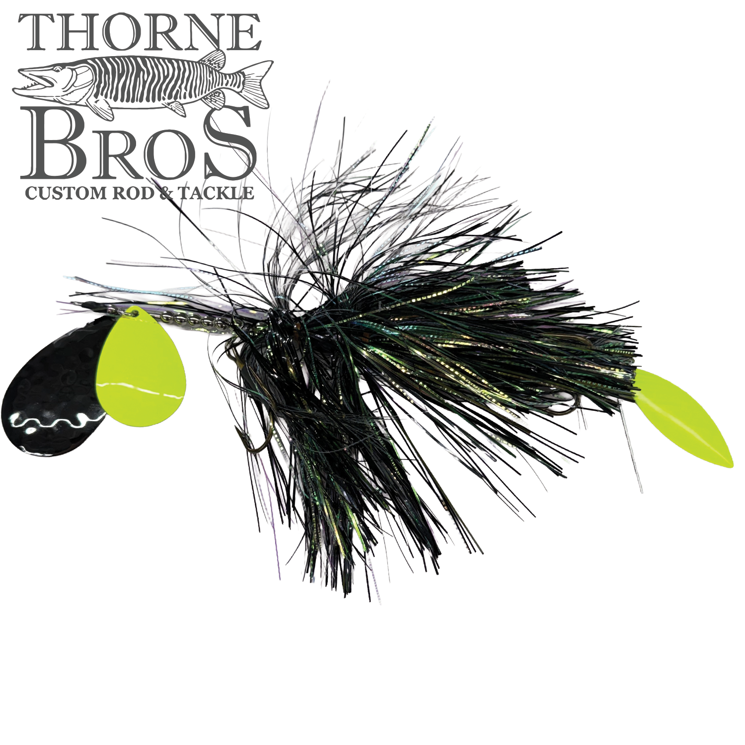 Hunsy Tails 8/10 Banger fishing lure featuring a black and green skirt with reflective strands and multiple spinner blades designed for musky fishing.