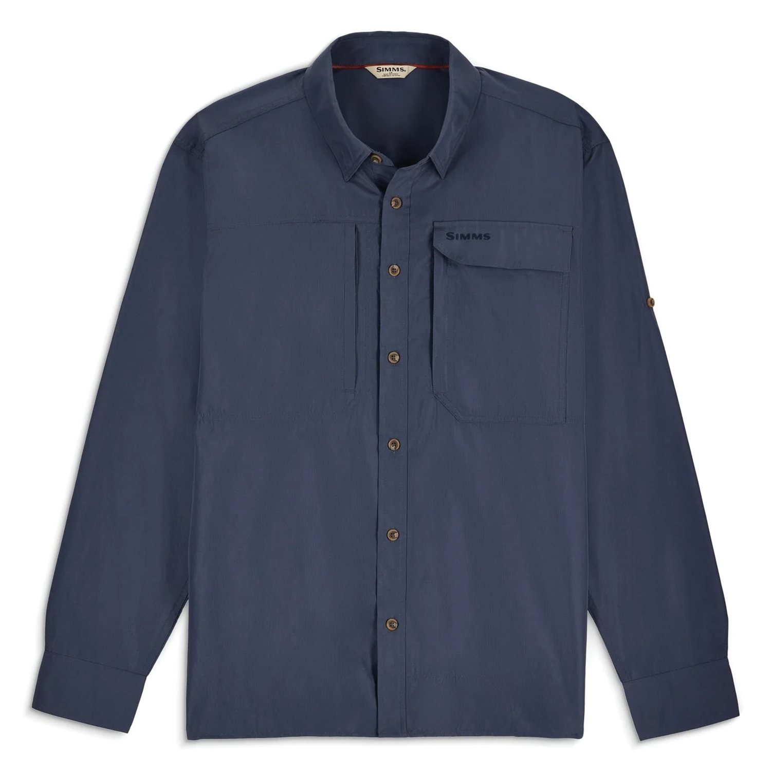 Simms Guide Shirt - Men's in navy blue, long-sleeve fishing shirt with button front, chest pocket, and breathable fabric designed for outdoor fishing activities.