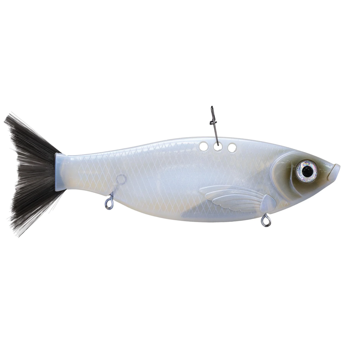 Bill Lewis Big Gizz fishing lure with realistic fish design in translucent white body and black tail, designed for effective musky fishing tackle use.