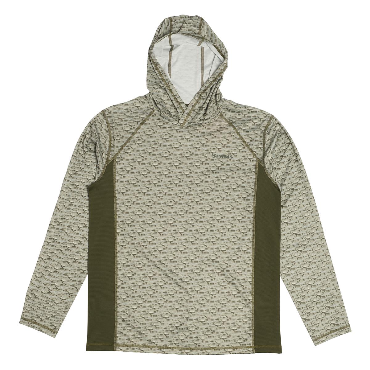 Simms Challenger Solar Hoody - Men's in light gray and olive with textured fabric hood long sleeves and dark side panels for sun protection while fishing