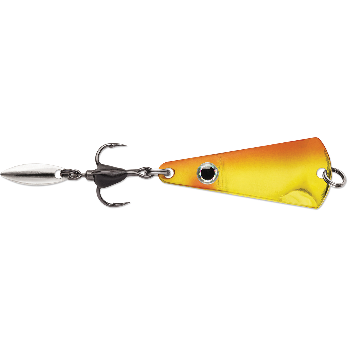 VMC Bladed Tingler Spoon yellow and orange fishing lure with reflective blade realistic eye treble hook and split ring for musky fishing tackle