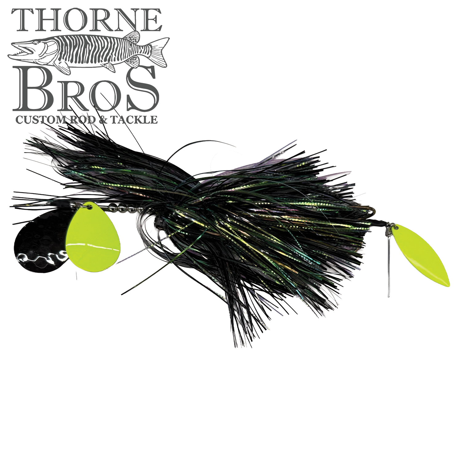 Hunsy Tails 7/8 XL Banger fishing lure with black and green iridescent skirt, featuring two spinner blades in black and chartreuse, designed for musky fishing.