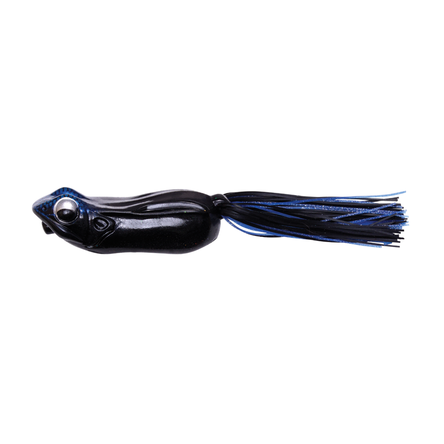 Megabass Big Gabot fishing lure in black and blue with a detailed head, large eyes, and a multi-strand skirt designed for attracting fish in freshwater environments.