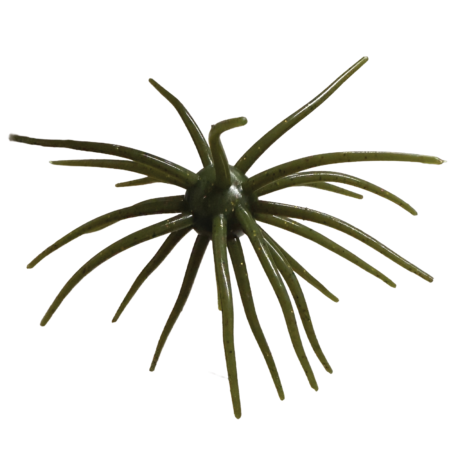 Randamu Lures Fuzzy Ballz is an olive green fishing lure with multiple flexible rubber-like appendages designed to mimic aquatic prey, ideal for fishing tackle.