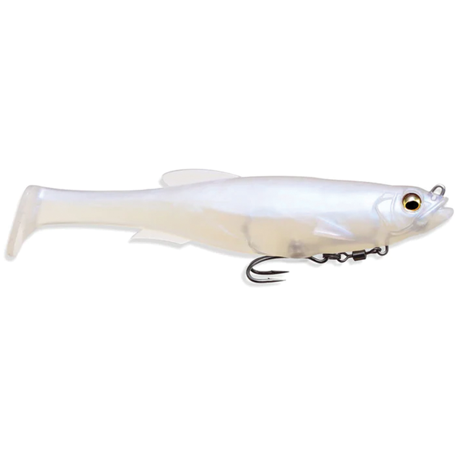 Megabass Magdraft fishing lure in pearly white with realistic fish shape, equipped with a sharp treble hook for effective musky and freshwater fishing tackle.