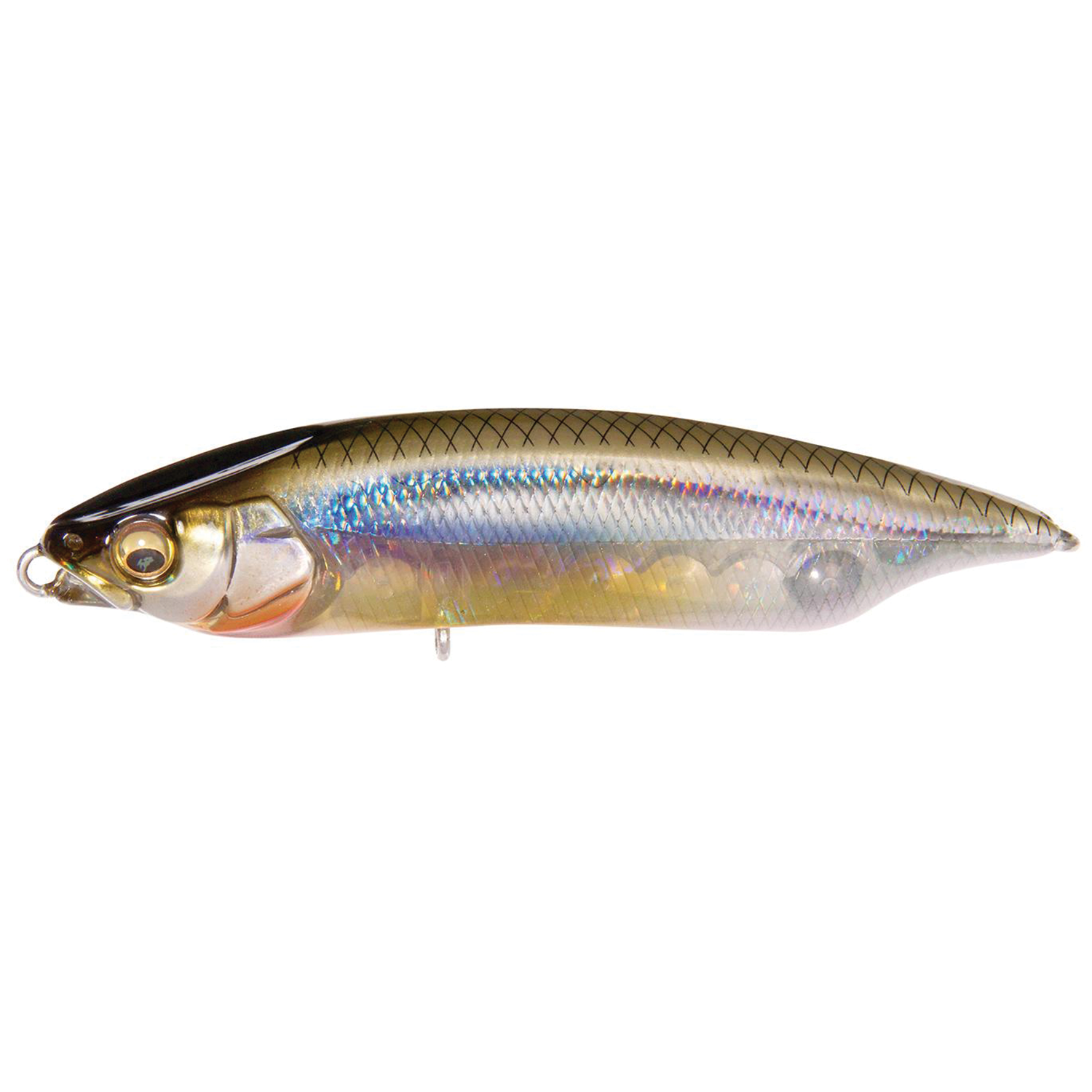 Megabass Karashi 80 fishing lure with realistic fish scale pattern and reflective, holographic body designed for effective fishing tackle use.