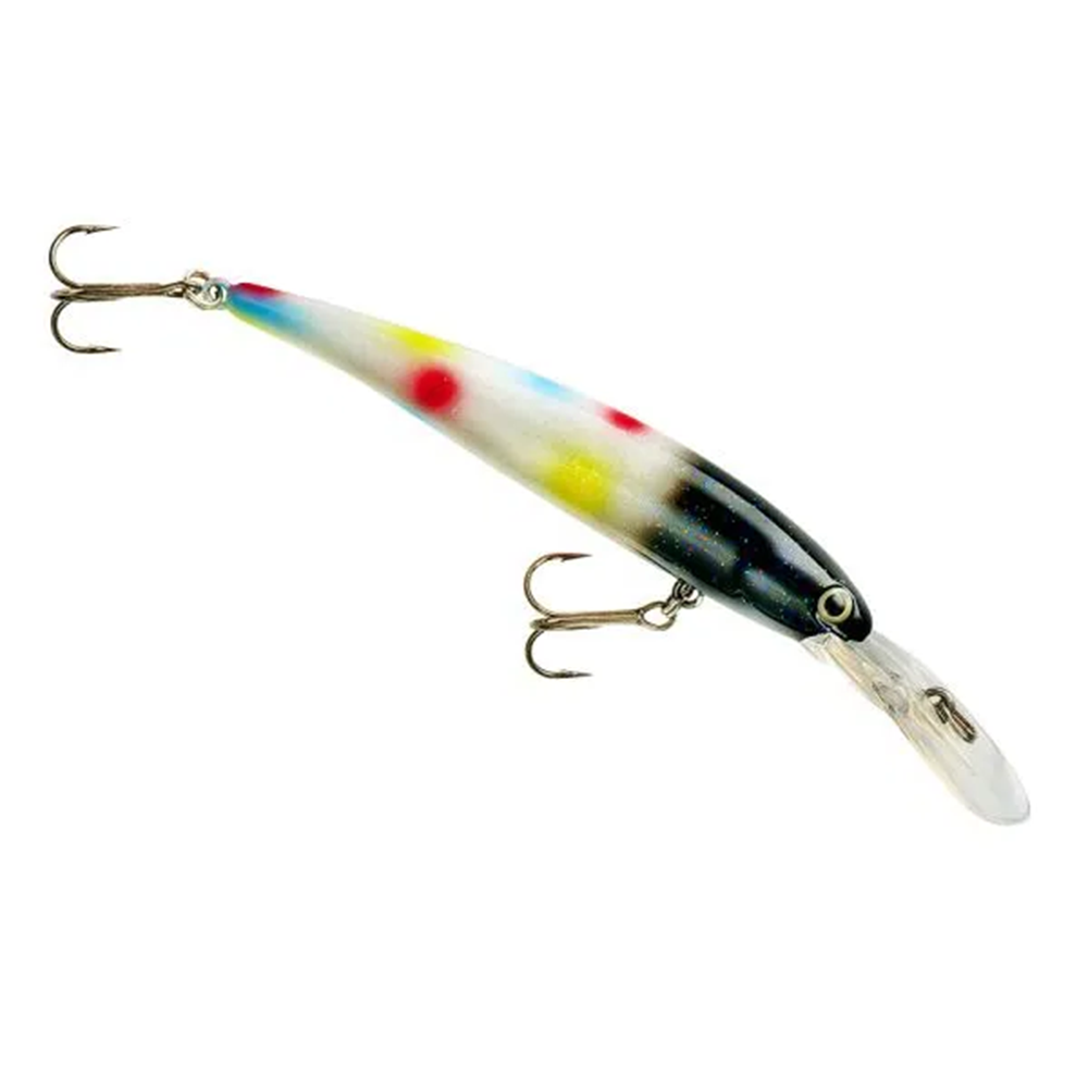 Bandit B-Shad fishing lure with a shad-shaped body featuring a black head, white midsection with red and yellow spots, and two treble hooks designed for freshwater fishing.