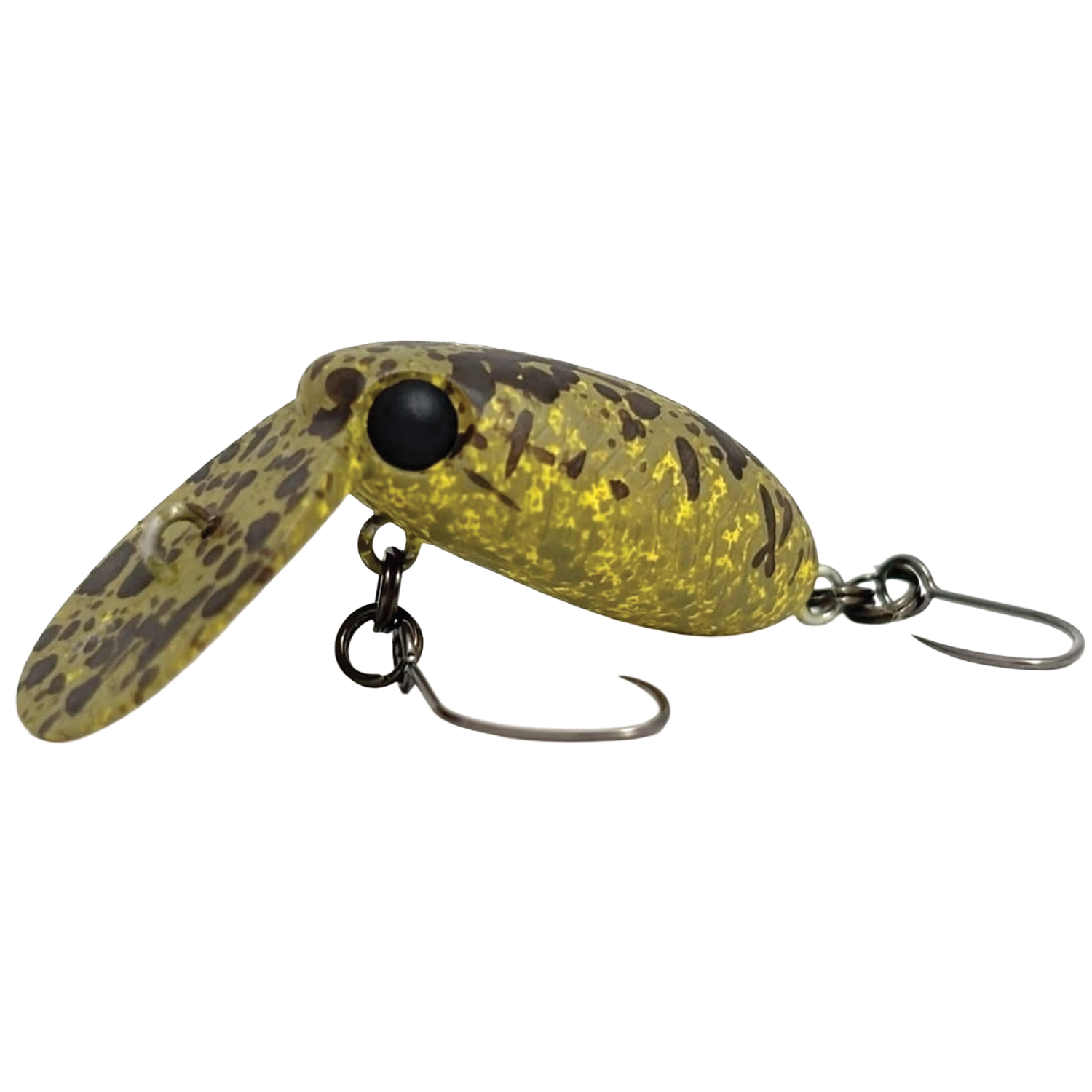 HMKL Inch Crank TR fishing lure with a yellow and brown speckled pattern, featuring a large diving lip and two sharp metal hooks designed for freshwater fishing.