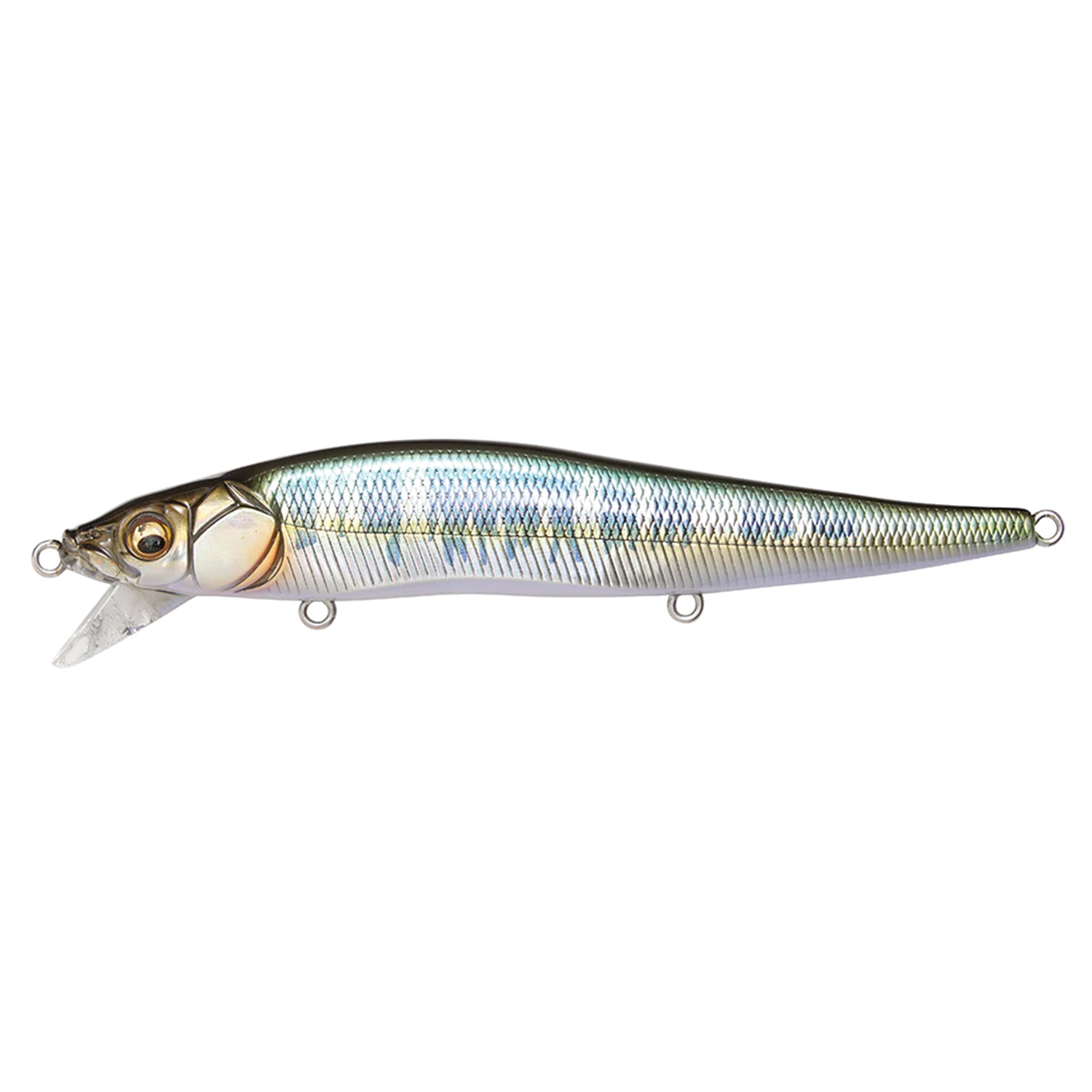 Megabass Vision 110 SR fishing lure in a realistic minnow design with green and silver scale pattern, detailed eyes, and a clear diving lip for freshwater fishing tackle.