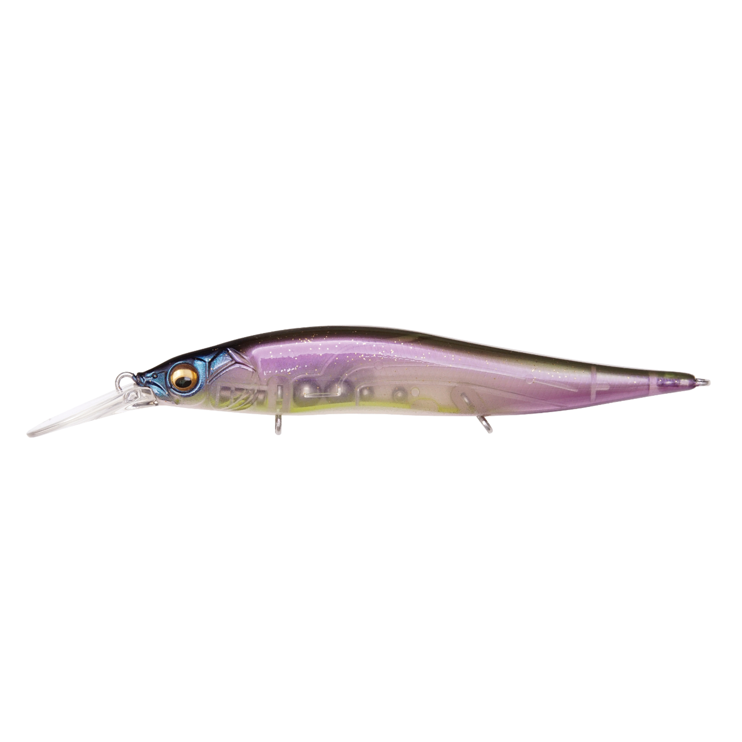 Megabass Vision 110+1 Jr. fishing lure with a sleek, translucent body featuring purple, green, and black tones, designed for accurate casting and realistic underwater movement.
