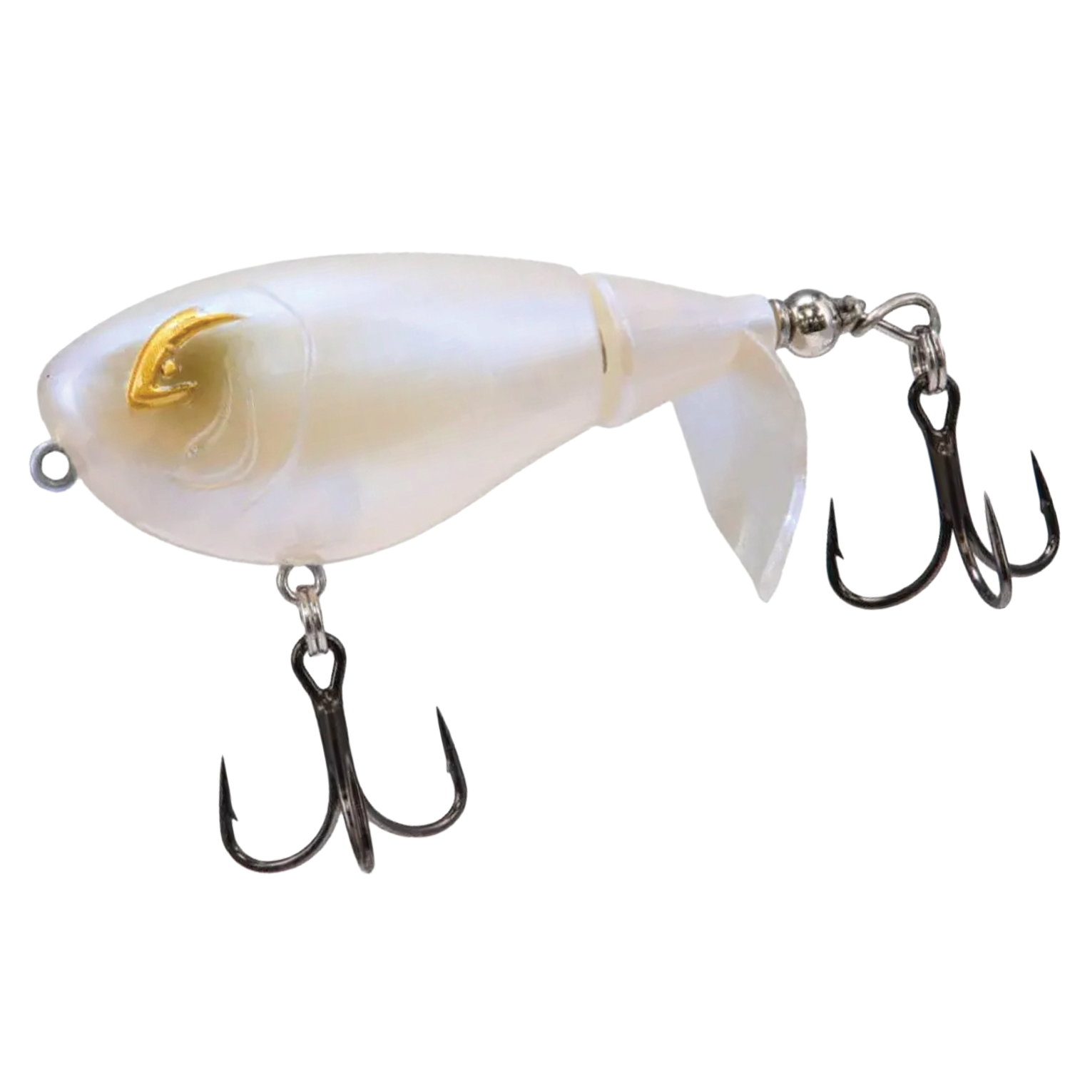 Bill Lewis Baby Bubbler 55 is a pearl-colored fishing lure with two sharp treble hooks, a jointed body, and a small tail fin for realistic movement in water.