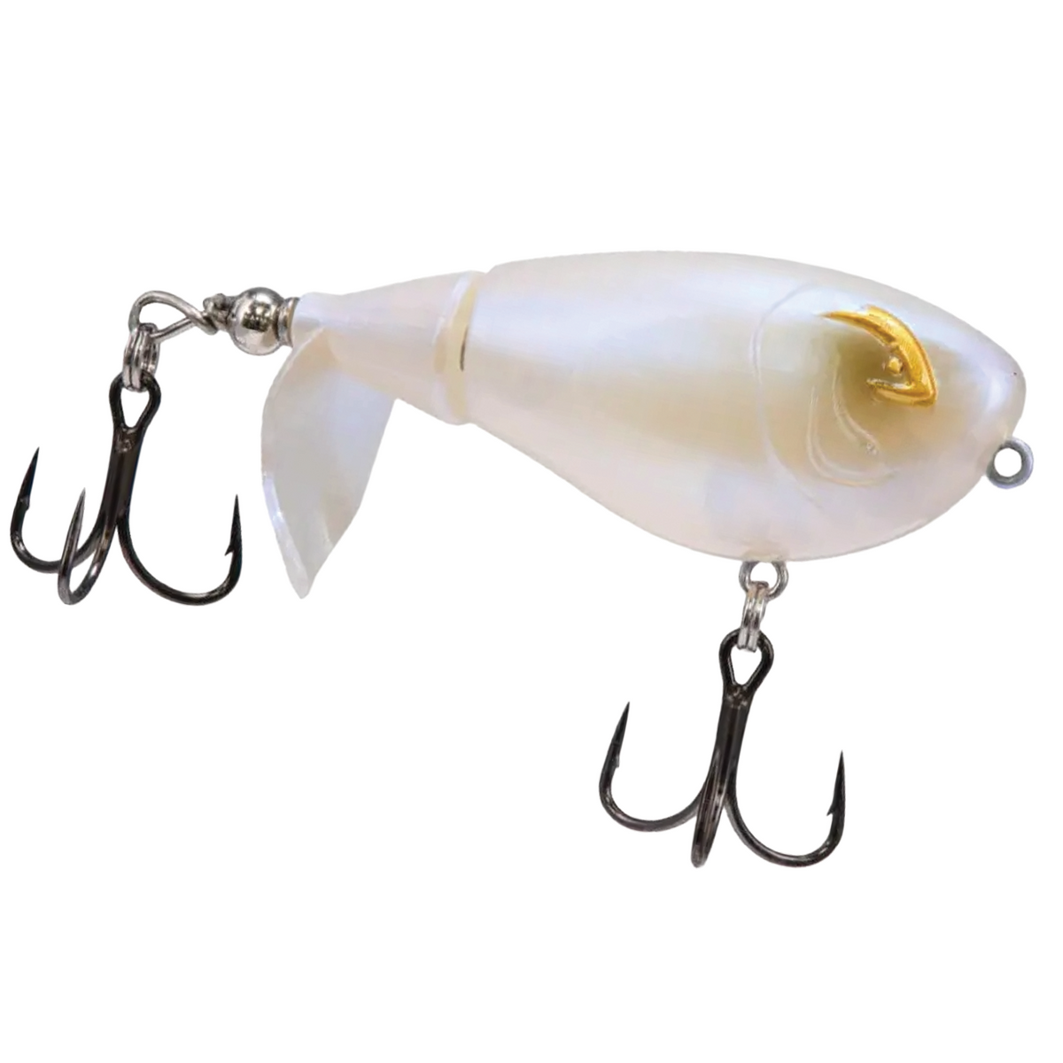 Bill Lewis Baby Bubbler 55 is a pearl-colored fishing lure with two sharp treble hooks, a jointed body, and a small tail fin for realistic movement in water.