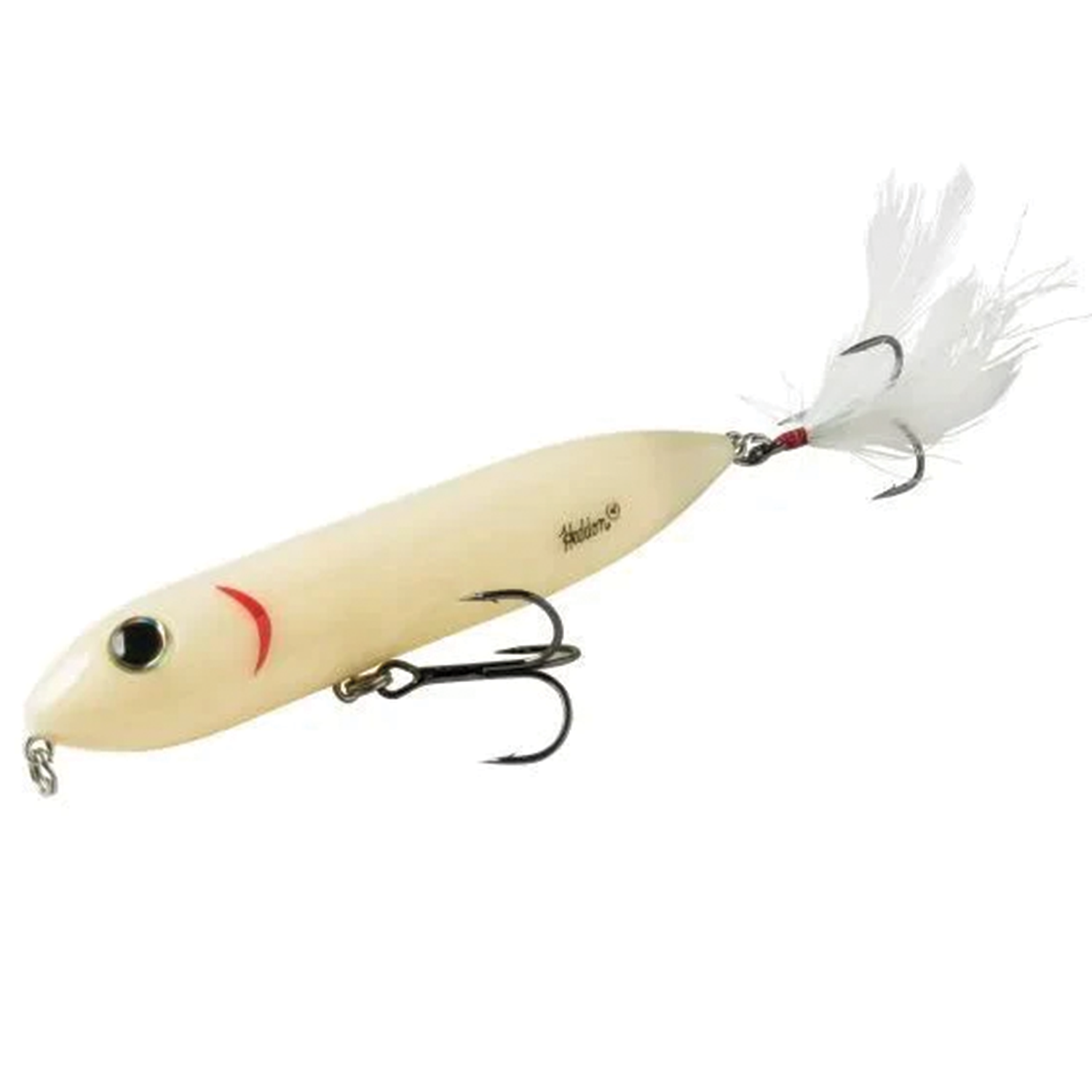 Heddon Super Zara Spook fishing lure in cream color with realistic eye and red accent, featuring two treble hooks and feathered tail for effective fishing tackle use.