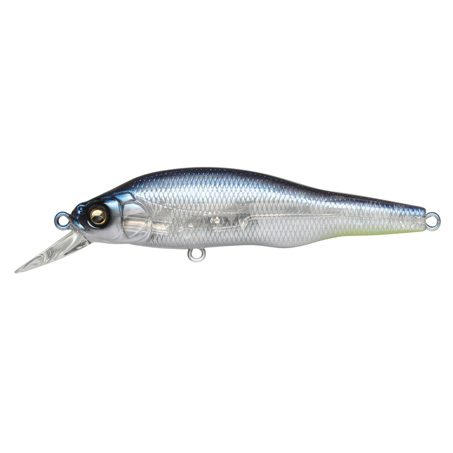 Megabass X-80 Trick Darter fishing lure with a silver and blue scaled body, lifelike eyes, and a clear diving lip designed for freshwater fishing tackle.
