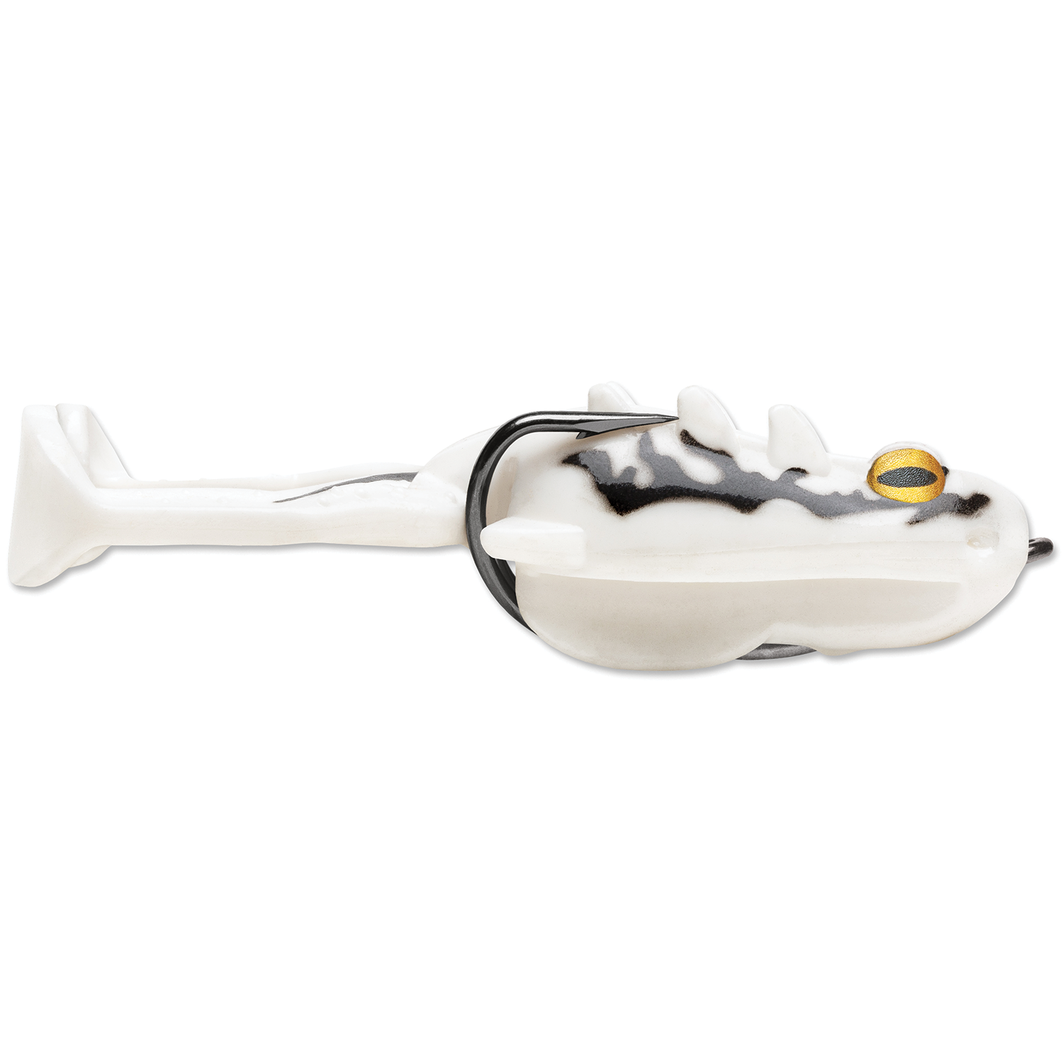 Storm Surge Frog fishing lure designed to mimic a frog with a white and black body, yellow eyes, and a soft tail for effective fishing tackle use.