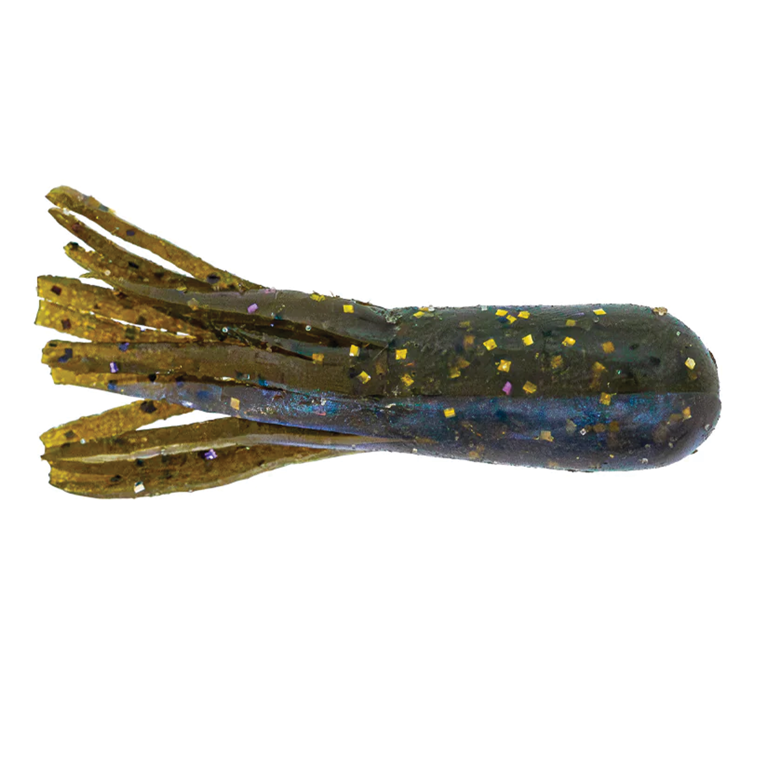X-Zone 2.25" Scented Stealth Tubes fishing lure in dark green with gold and purple glitter, designed for fishing tackle and musky fishing applications.
