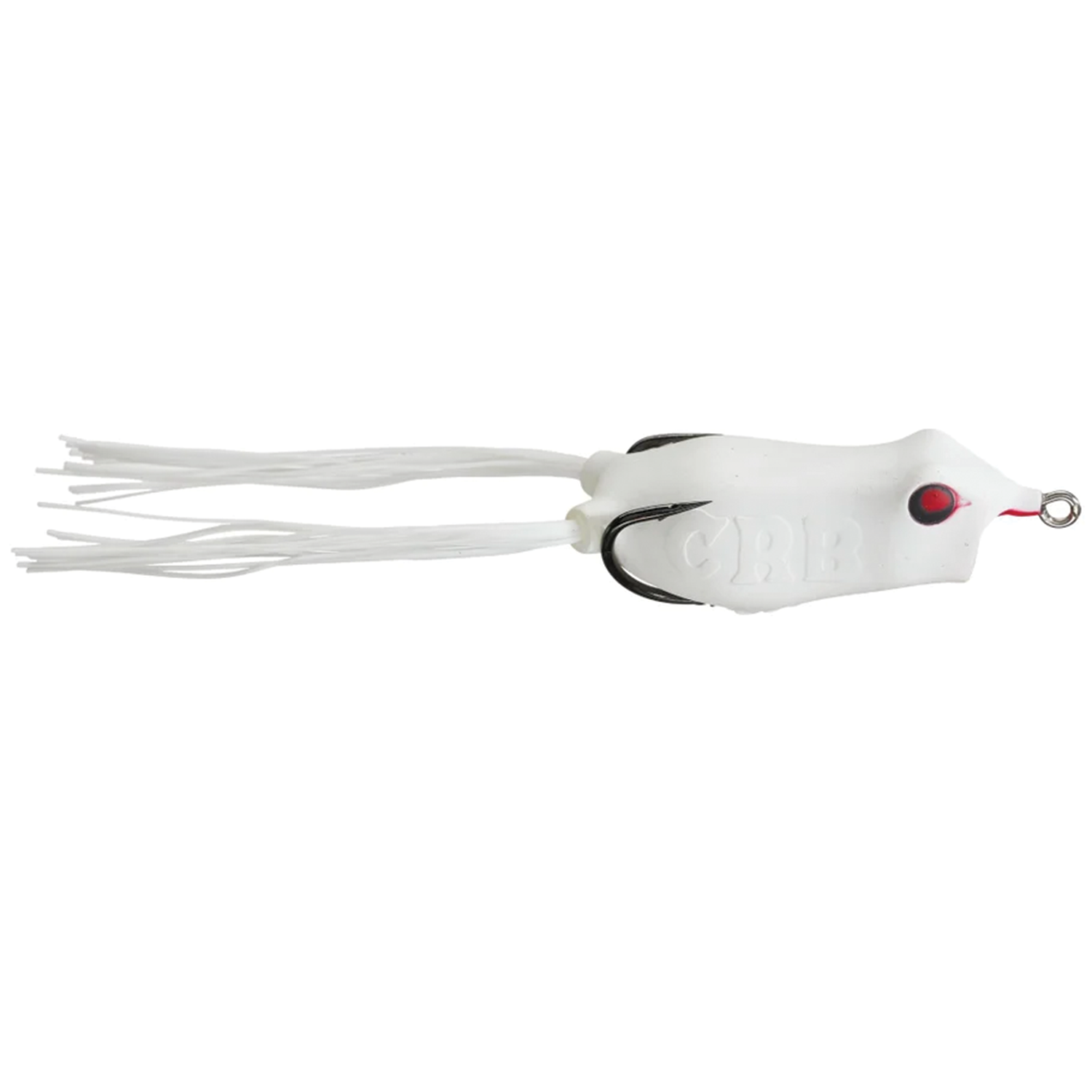 Copper Red Baits Loud Mouth Frog fishing lure in white with red eyes and soft trailing legs, designed to mimic a frog and attract musky fish.
