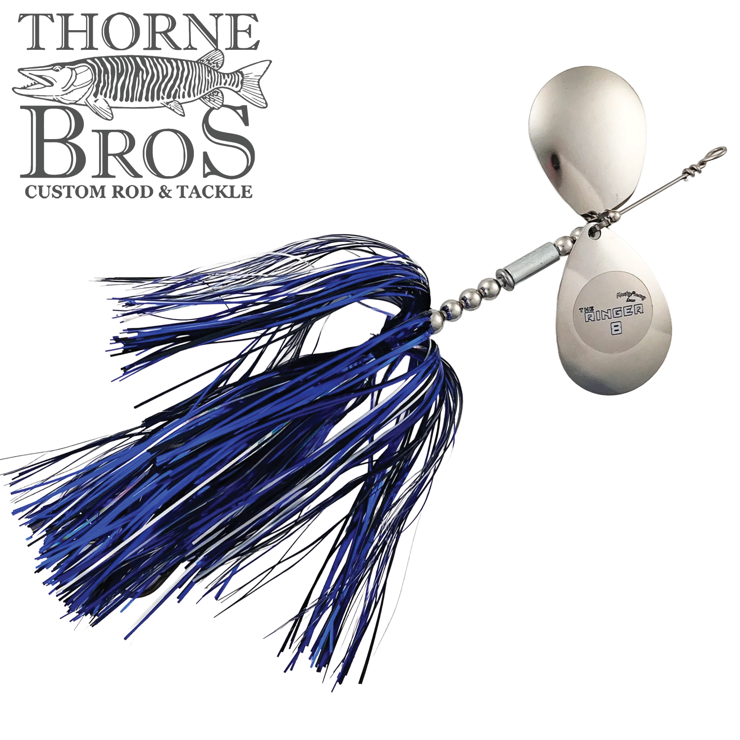 Musky Frenzy The Ringer 8 fishing lure with silver spinner blades and blue and black skirt, designed for musky fishing by Thorne Bros Custom Rod & Tackle.