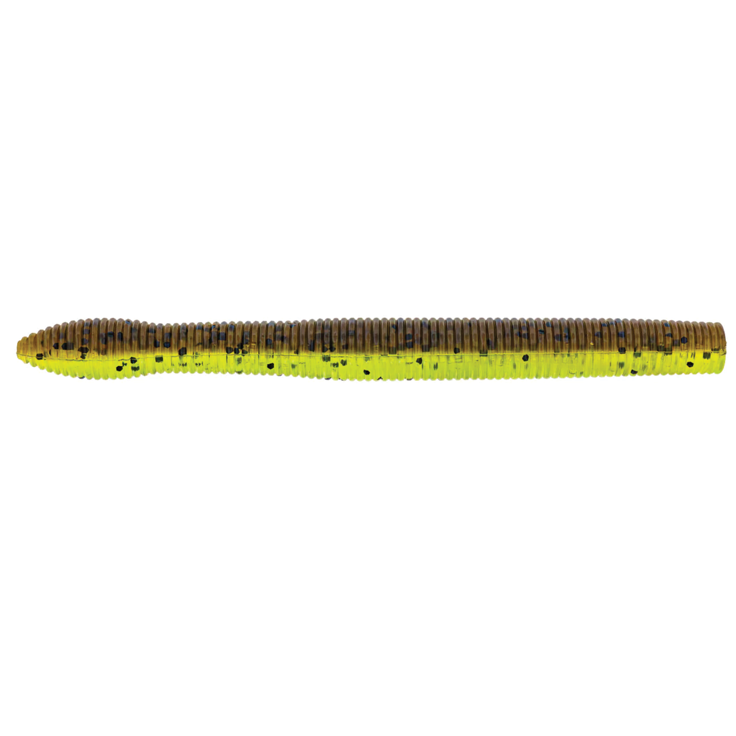 X-Zone Neko Ned Zone soft plastic fishing lure with ribbed body in brown and chartreuse colors, designed for enhanced attraction in freshwater fishing tackle.