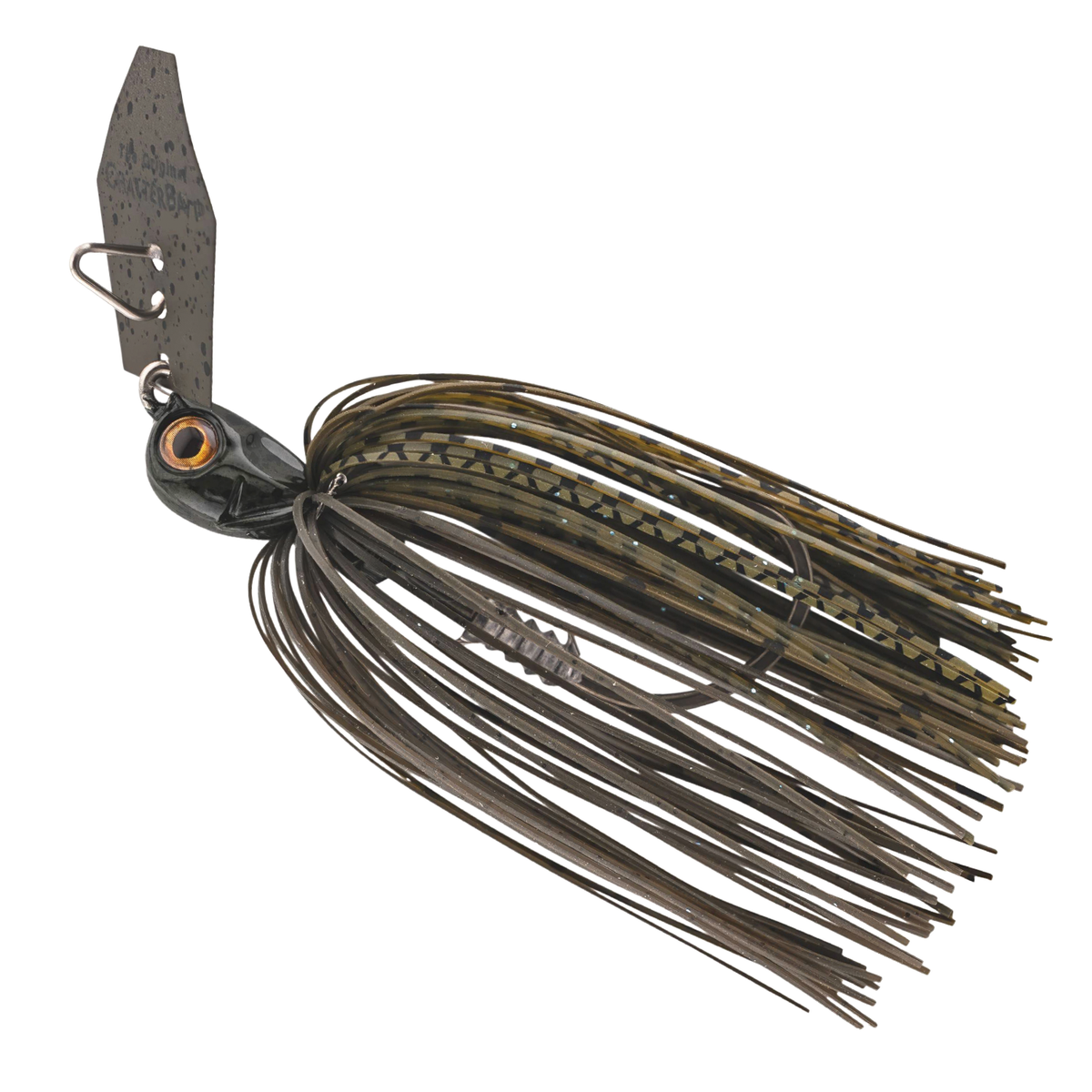 Z-Man Chatterbait Elite Evo HD fishing lure with a black and olive skirt, detailed jig head, and a metal blade designed for musky fishing tackle.