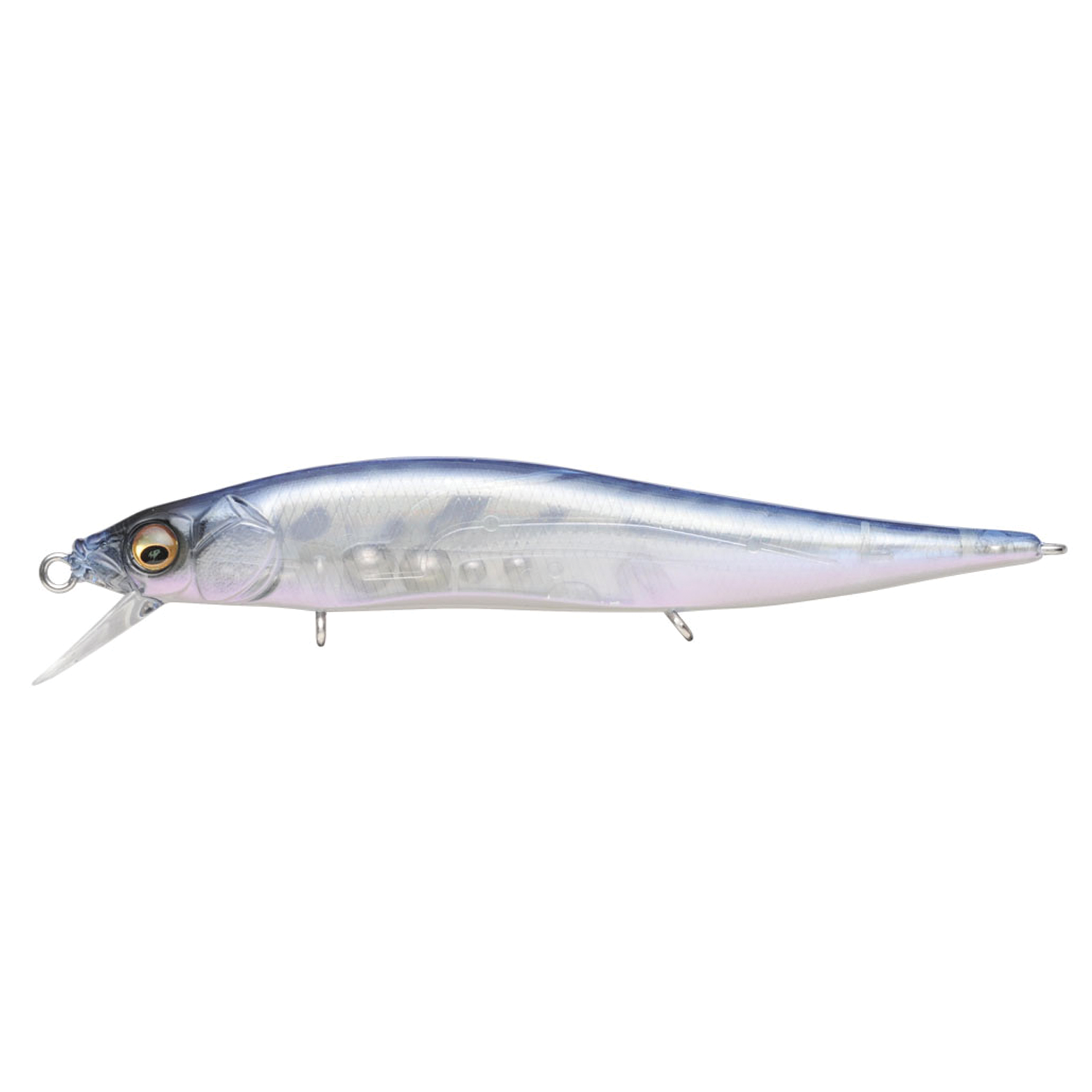 Megabass Vision 110 Jr. fishing lure in translucent silver and blue tones with realistic eyes and a small diving lip, designed for attracting predatory fish.