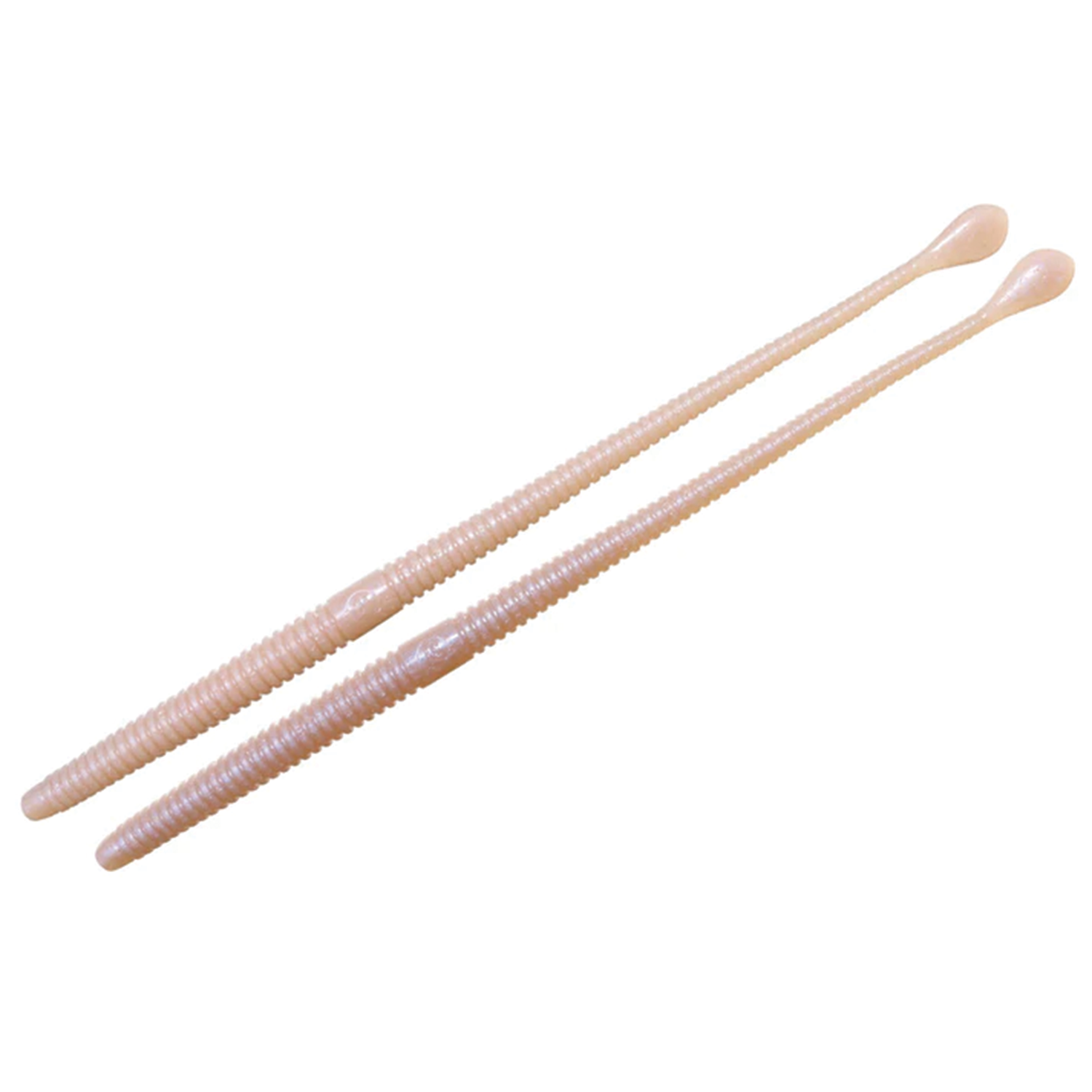 Two pale, slender, ribbed soft plastic fishing lures with flat paddled ends, designed as Issei Spatula Slim Worm fishing tackle.
