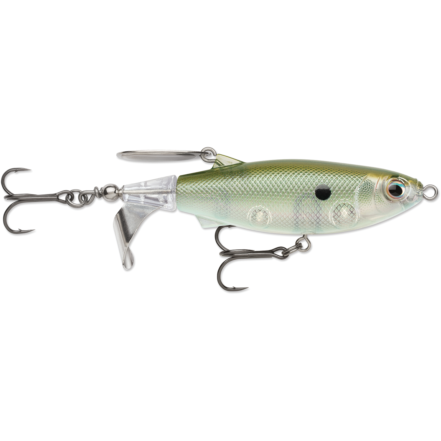 Rapala Claptail 110 fishing lure in green and silver with detailed fish scale texture, two treble hooks, and a small spinner blade for enhanced movement in water.