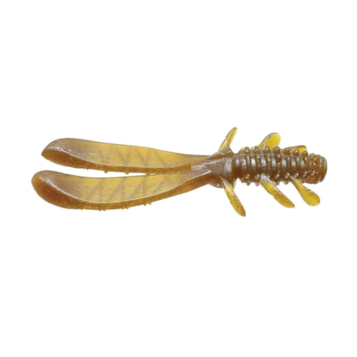 Issei AK Chunk fishing lure designed to mimic a small creature with twin curved tails, ribbed body, and multiple legs in a translucent brown and yellow color for attracting fish.
