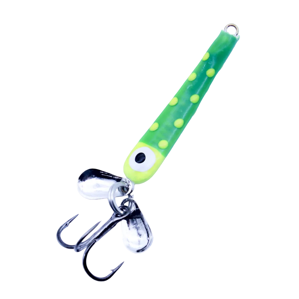 Widow Maker Slab Seeker Tungsten Spoon fishing lure with a green and yellow spotted body, featuring two reflective metal blades and a sharp treble hook for attracting fish.