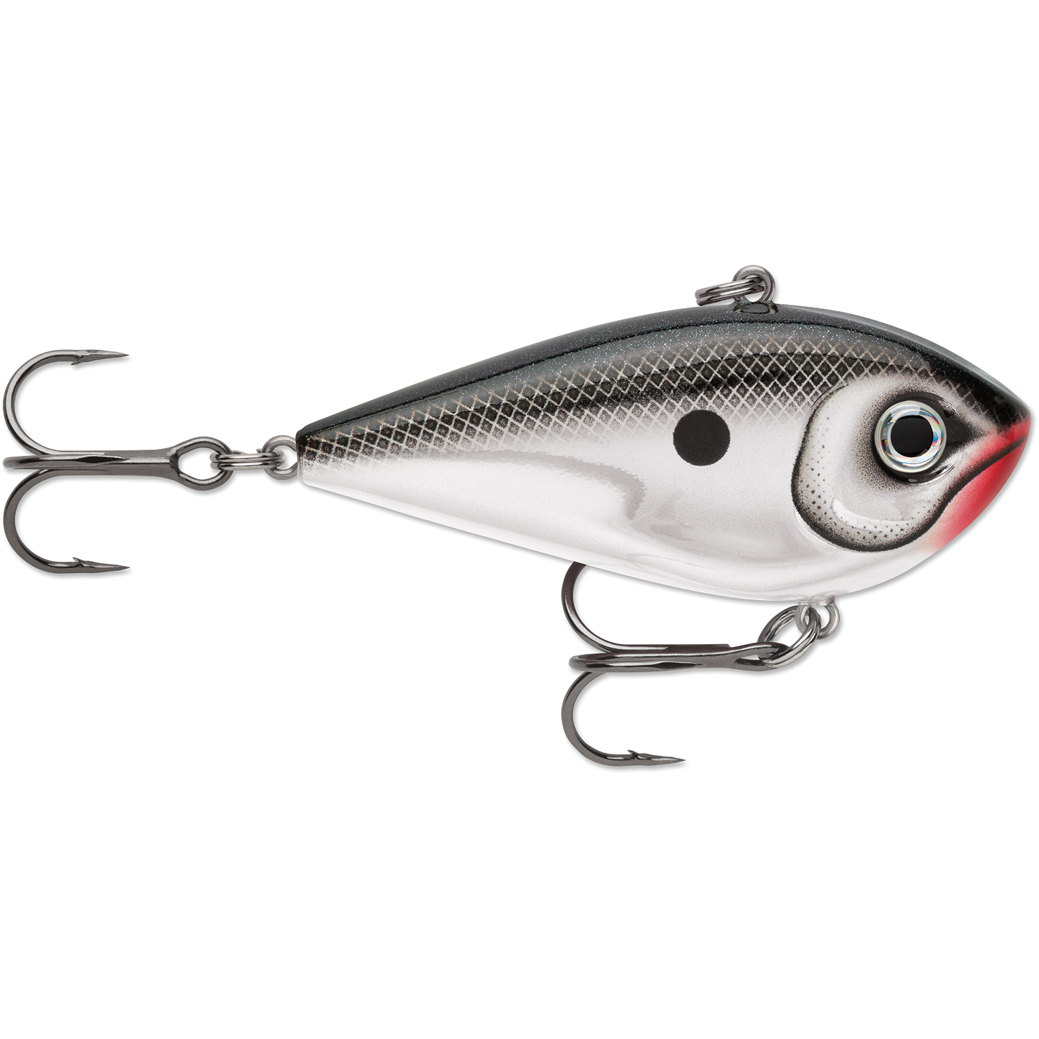 Rapala Snare Lipless Crankbait fishing lure in silver and black with realistic eye details, textured scale pattern, and two treble hooks for effective fishing tackle use.